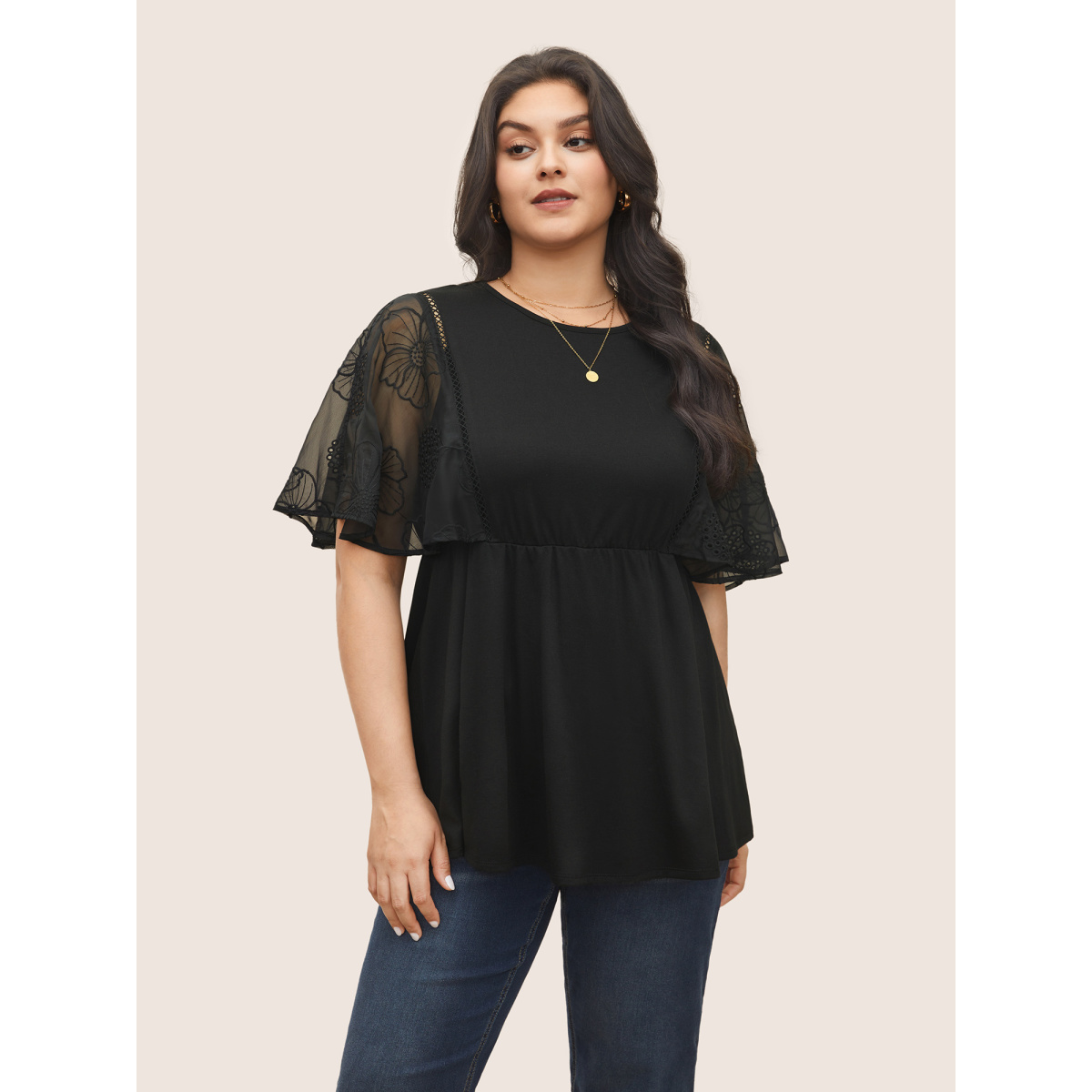 

Plus Size Crochet Lace Mesh Cut Out Ruffle Sleeve Knit Top Black Women Elegant See through Floral Round Neck Everyday T-shirts BloomChic