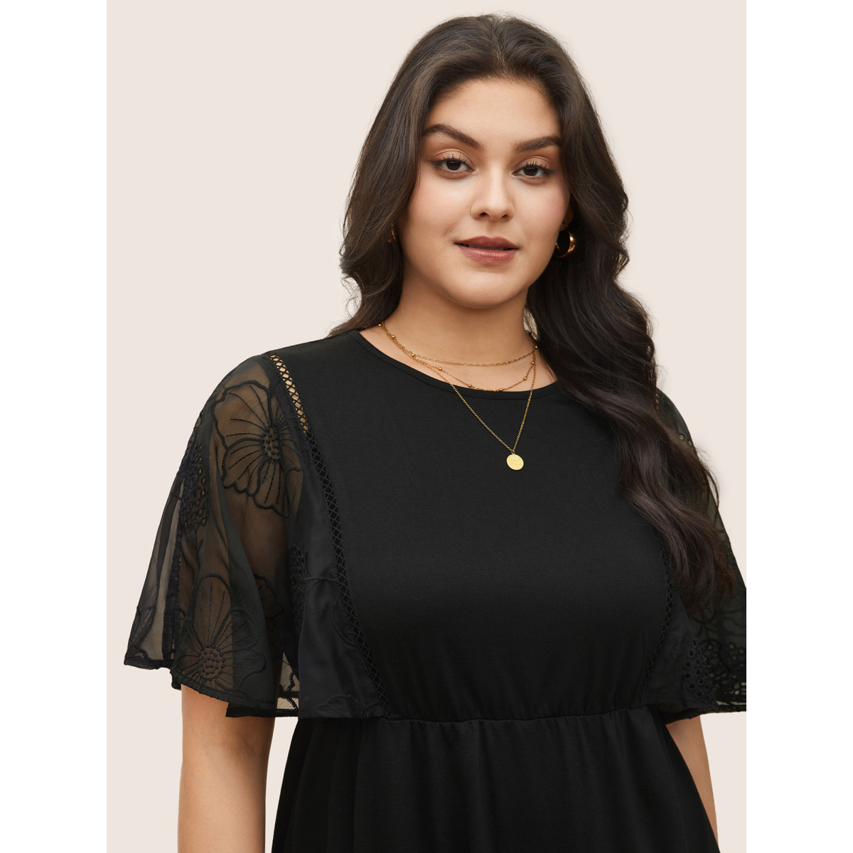 

Plus Size Crochet Lace Mesh Cut Out Ruffle Sleeve Knit Top Black Women Elegant See through Floral Round Neck Everyday T-shirts BloomChic