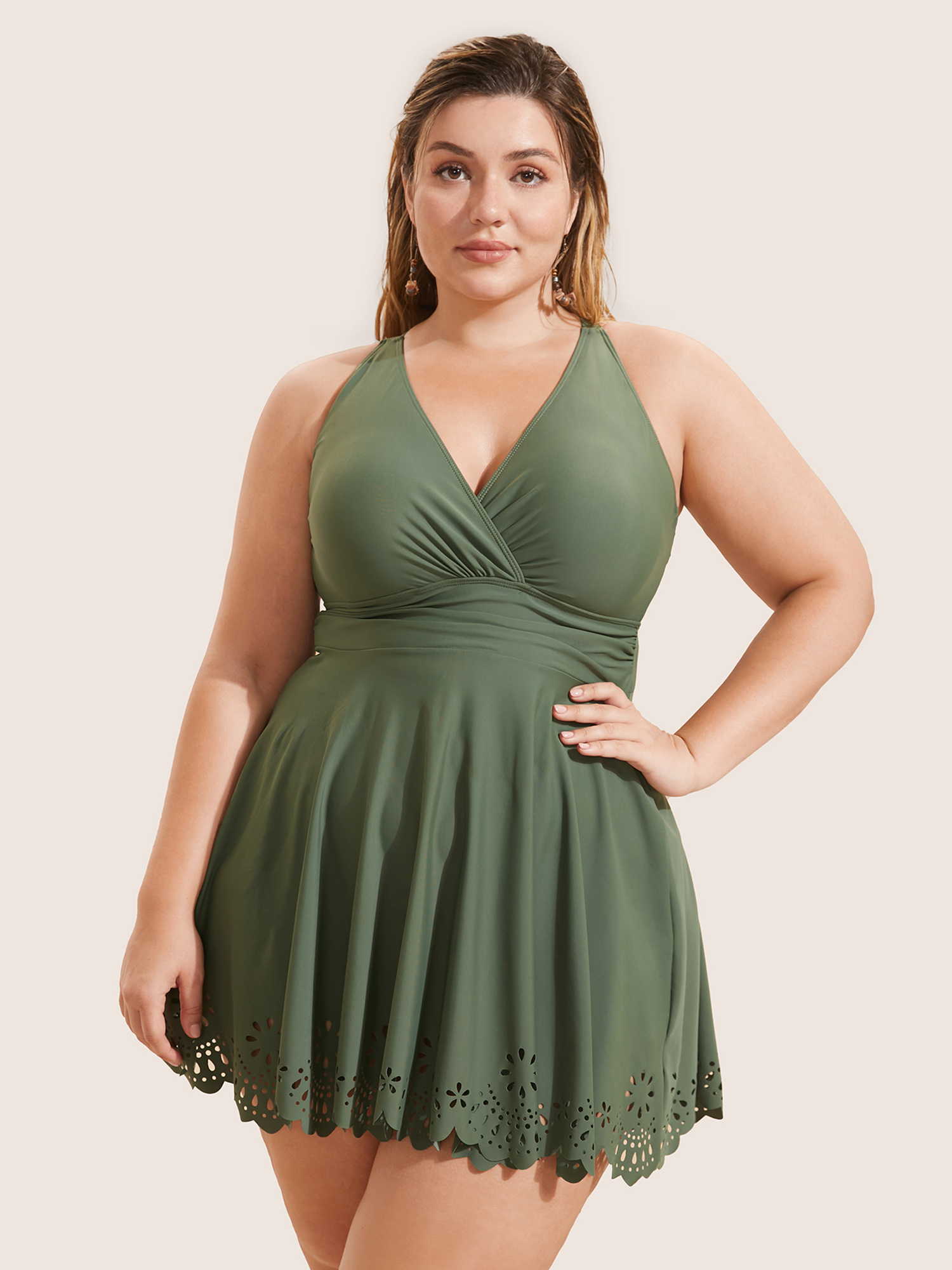 

Plus Size Laser Cut Overlap Collar Bodycon Swim Dress Women's Swimwear ArmyGreen Beach Bodycon V-neck High stretch Curve Swim Dresses BloomChic