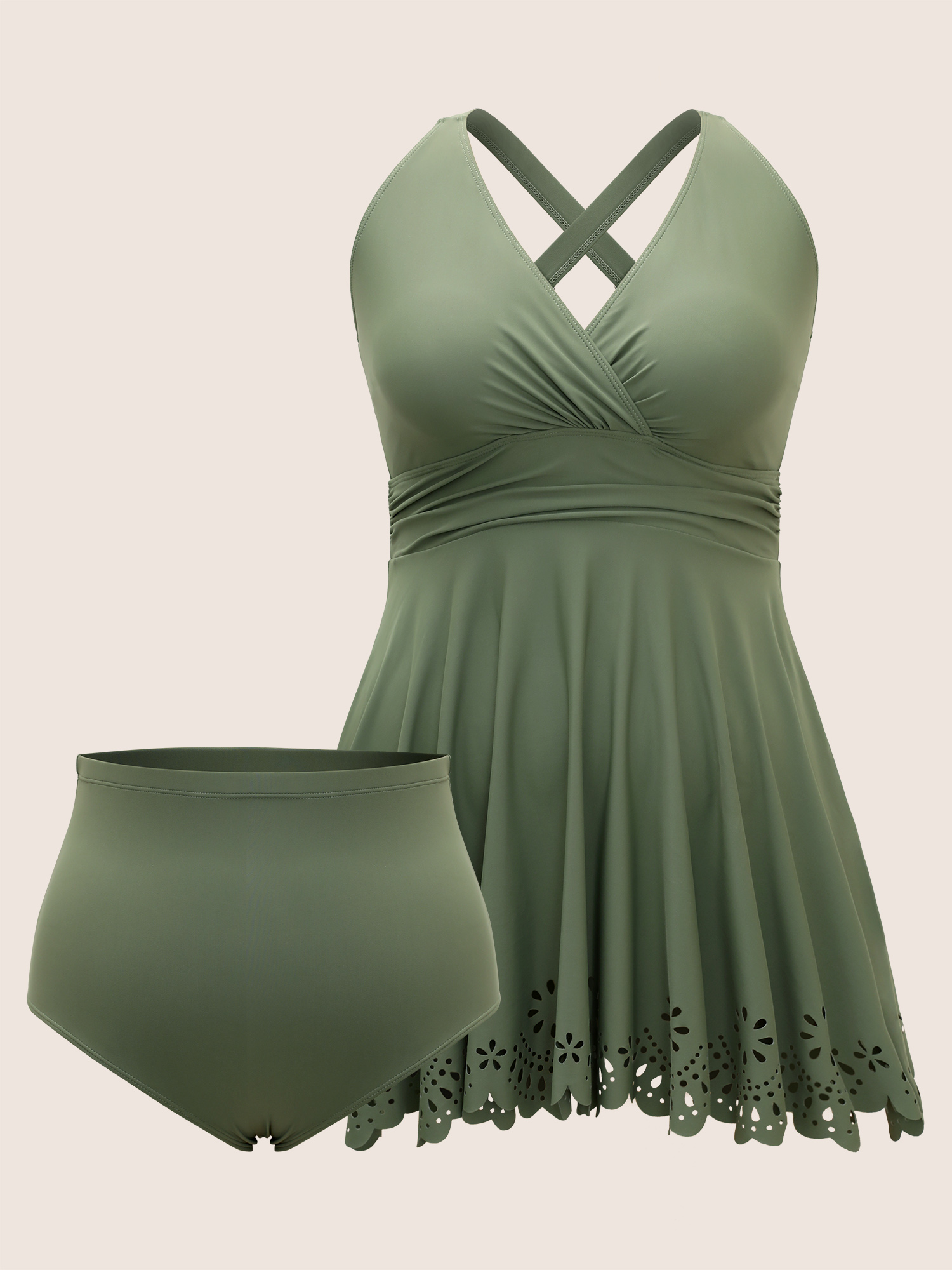 

Plus Size Laser Cut Overlap Collar Bodycon Swim Dress Women's Swimwear ArmyGreen Beach Bodycon V-neck High stretch Curve Swim Dresses BloomChic