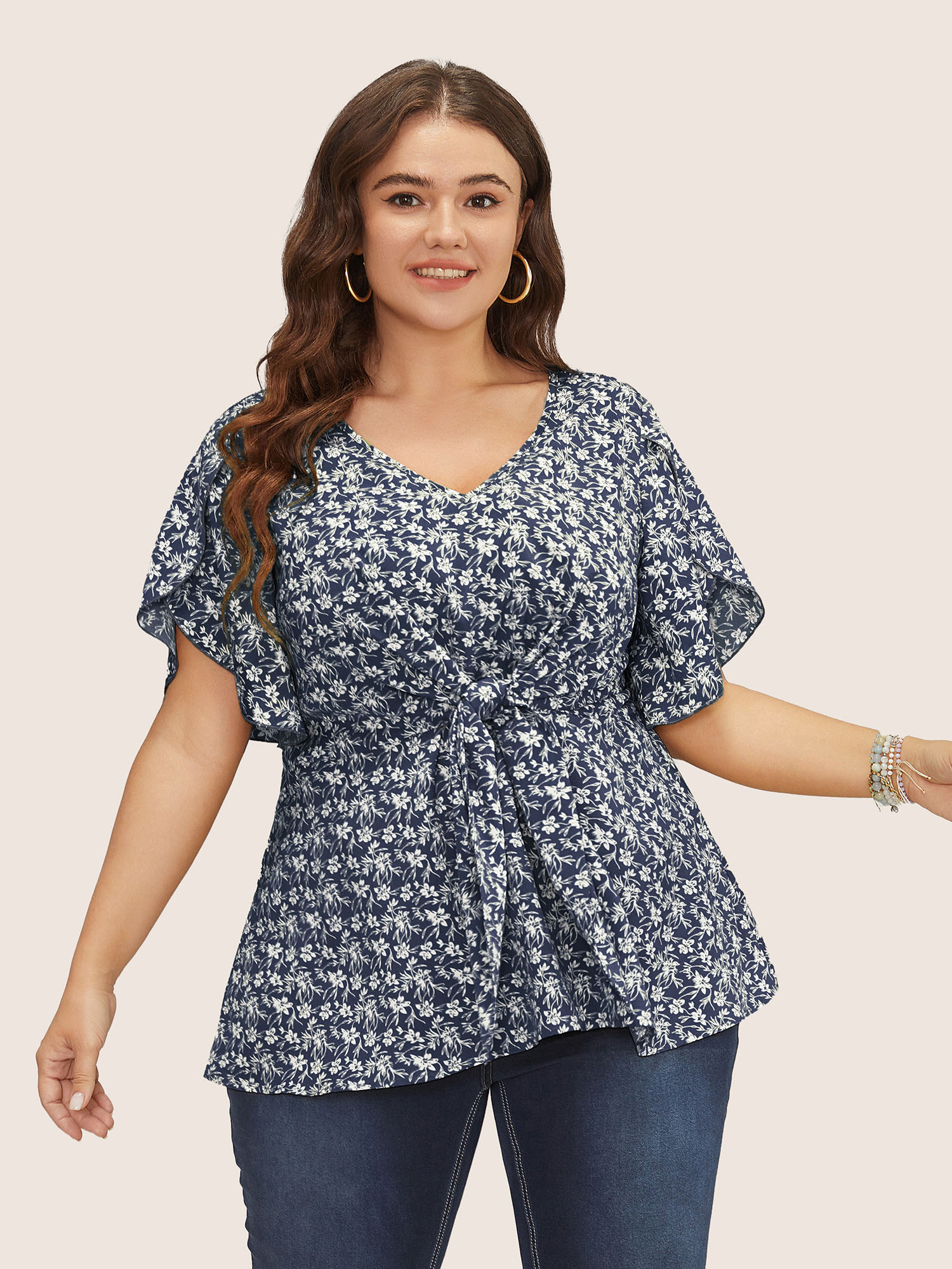 

Plus Size Indigo Ditsy Floral Split Petal Sleeve Tie Front Blouse Women Elegant Short sleeve V-neck Everyday Blouses BloomChic