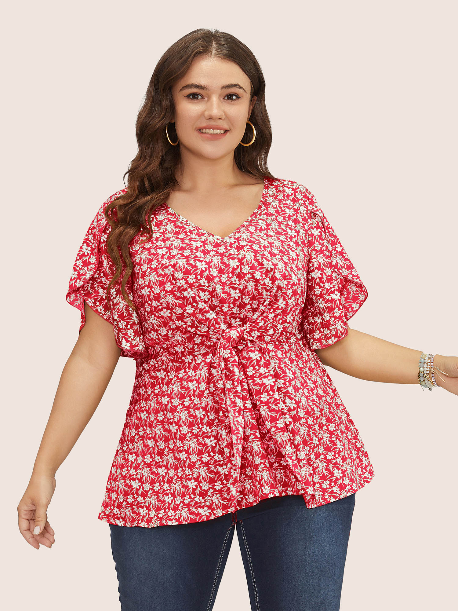 

Plus Size Raspberry Ditsy Floral Split Petal Sleeve Tie Front Blouse Women Elegant Short sleeve V-neck Everyday Blouses BloomChic