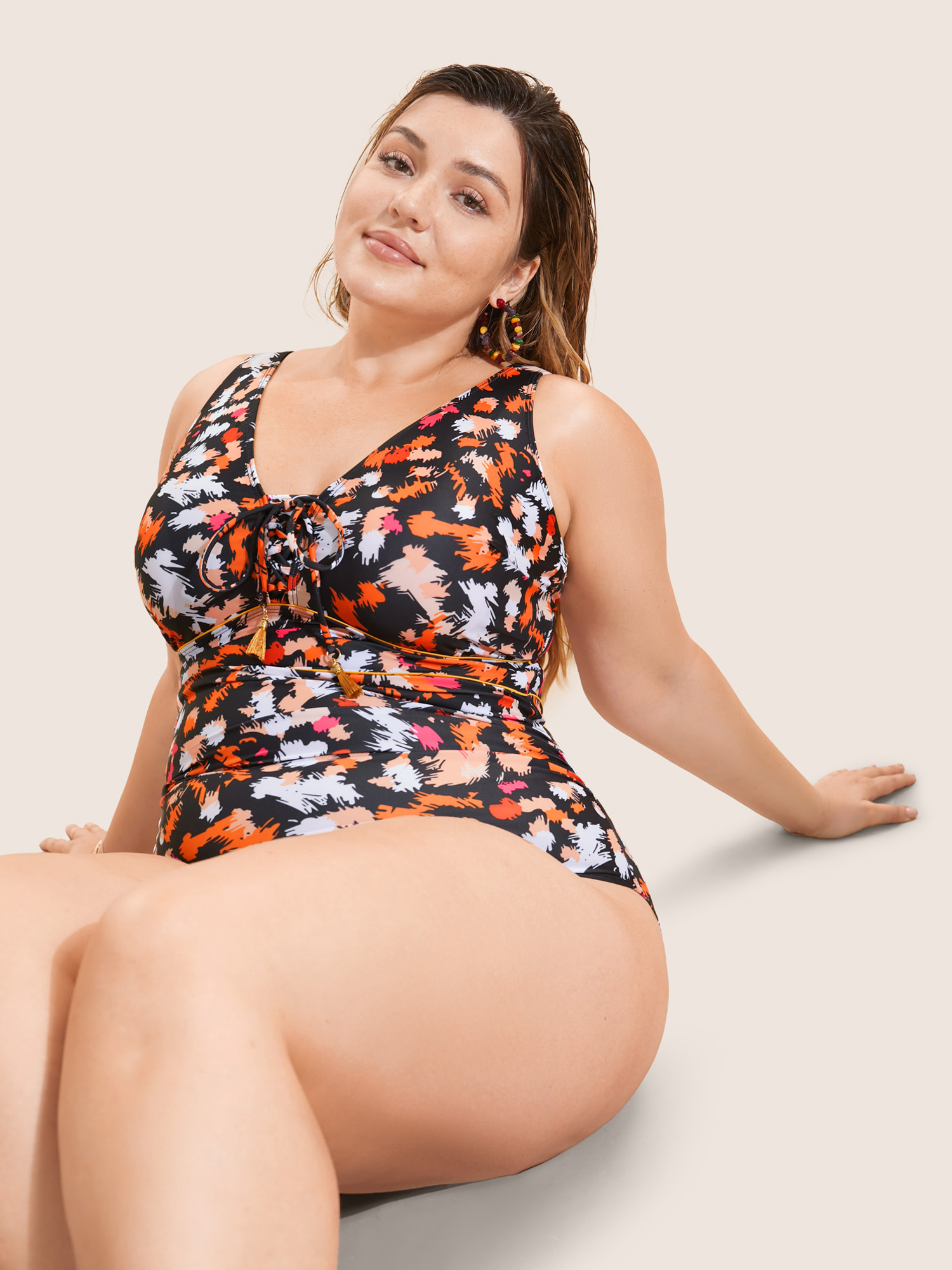 Plus Size Brush Print Ties Tassel One Piece Swimsuit Women`s Swimwear Multicolor Beach Non Curve Bathing Suits Medium stretch One Pieces BloomChic 30/6X 