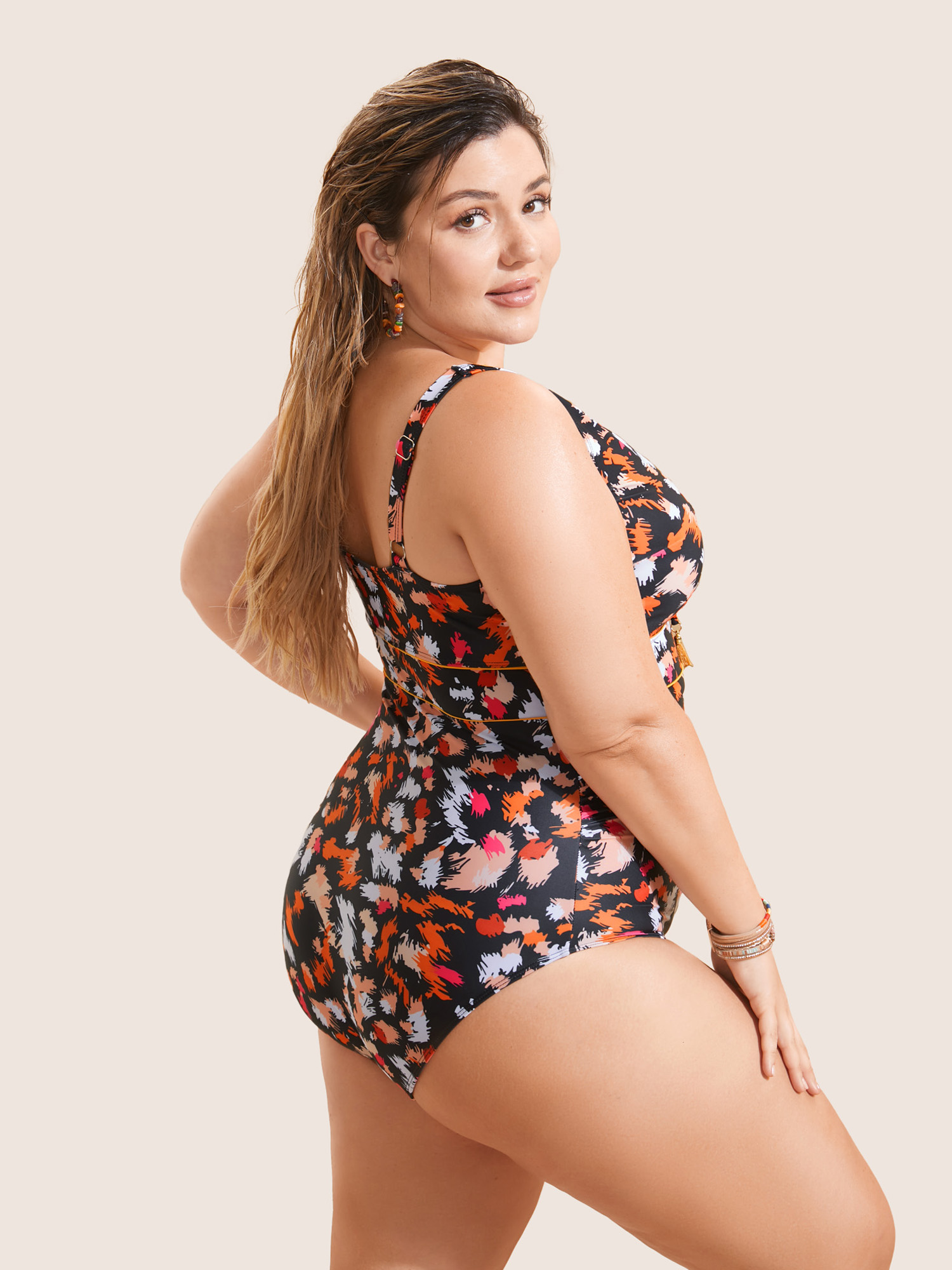 Plus Size Brush Print Ties Tassel One Piece Swimsuit Women`s Swimwear Multicolor Beach Non Curve Bathing Suits Medium stretch One Pieces BloomChic 30/6X 