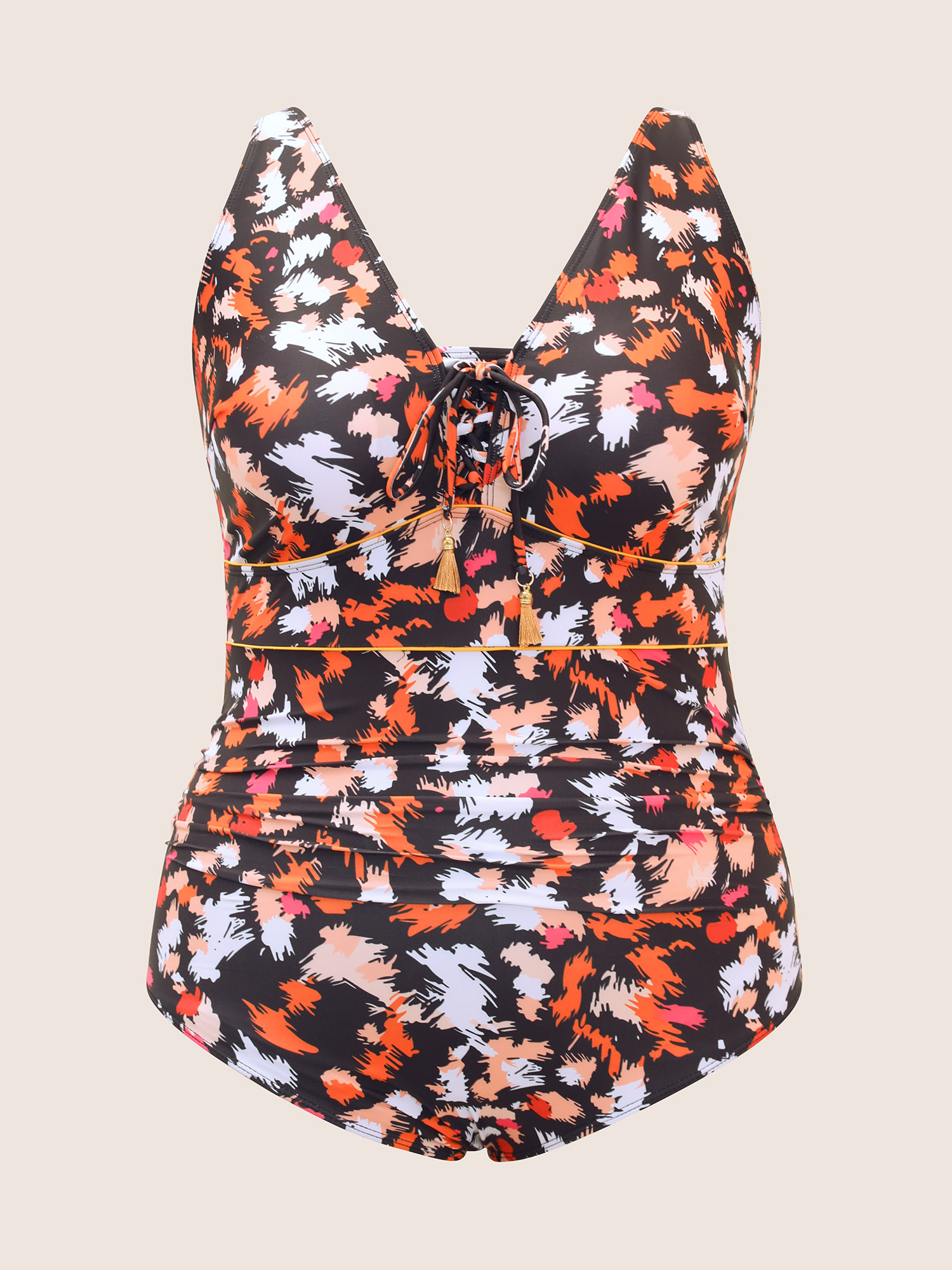 Plus Size Brush Print Ties Tassel One Piece Swimsuit Women`s Swimwear Multicolor Beach Non Curve Bathing Suits Medium stretch One Pieces BloomChic 30/6X 