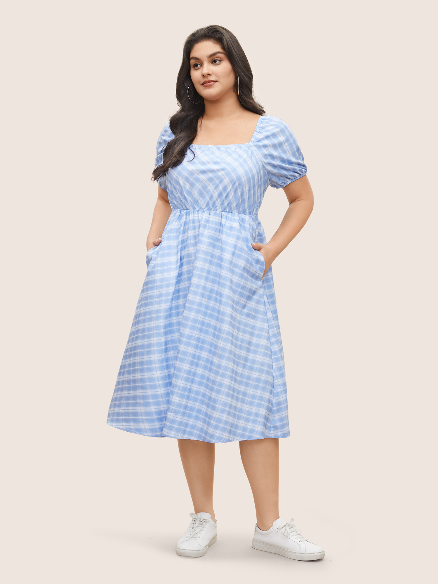 

Plus Size Plaid Square Neck Gathered Shirred Dress LightBlue Women Casual Non Square Neck Short sleeve Curvy Midi Dress BloomChic