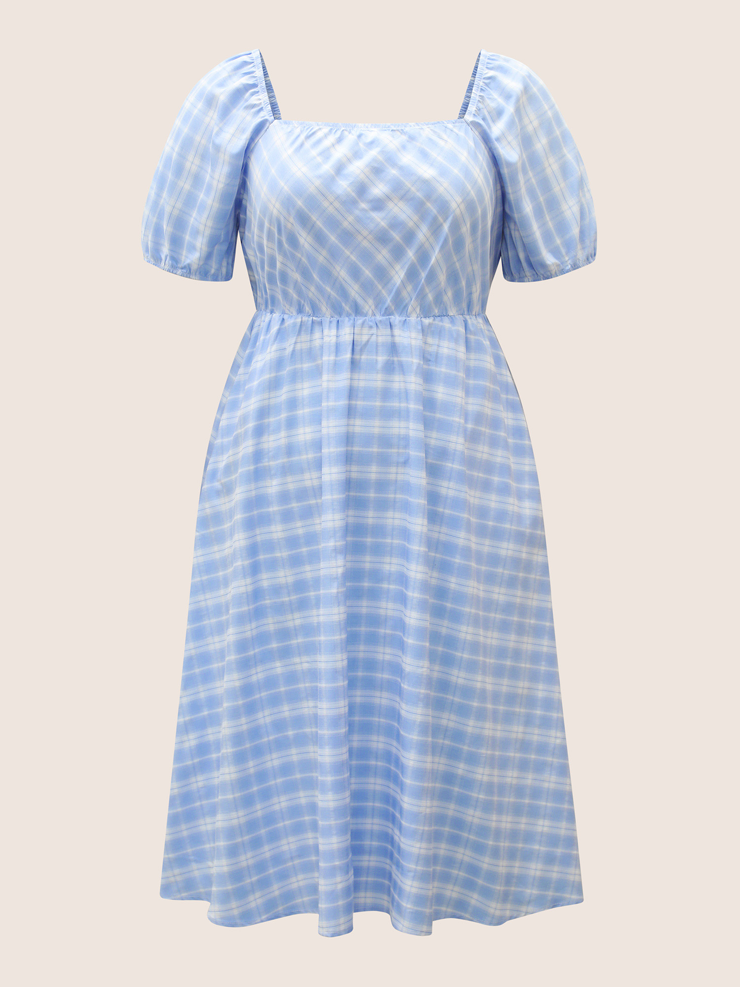 Plus Size Plaid Square Neck Gathered Shirred Dress LightBlue Women Non Curvy Midi Dress BloomChic 28/5X 