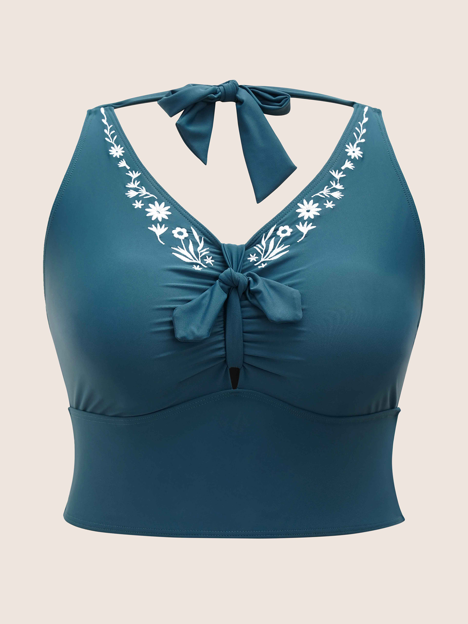 

Plus Size Floral Embroidered Knot Ruched Swim Top Women's Swimwear Cyan Beach Non High stretch Skinny V-neck Curve Swim Tops BloomChic