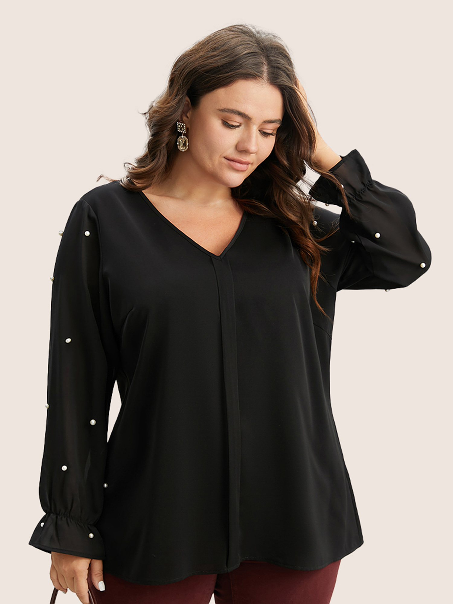 

Plus Size Black Pearl Beaded Mesh Patchwork Ruffles Blouse Women Cocktail Long Sleeve V-neck Party Blouses BloomChic