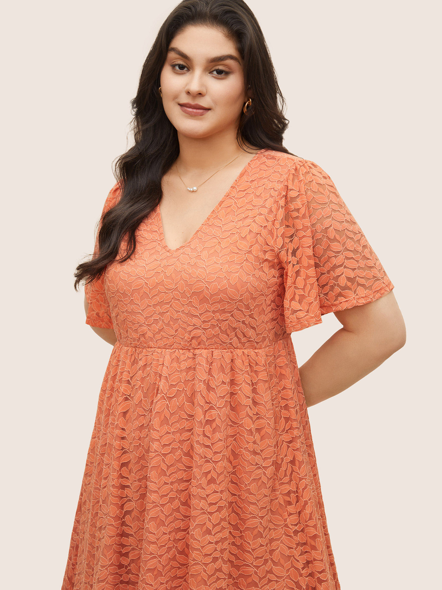 Plus Size Plain Leaf Lace Panel Mesh Texture Dress Coral Women Elegant Non V-neck Short sleeve Curvy Midi Dress BloomChic 22-24/3X 