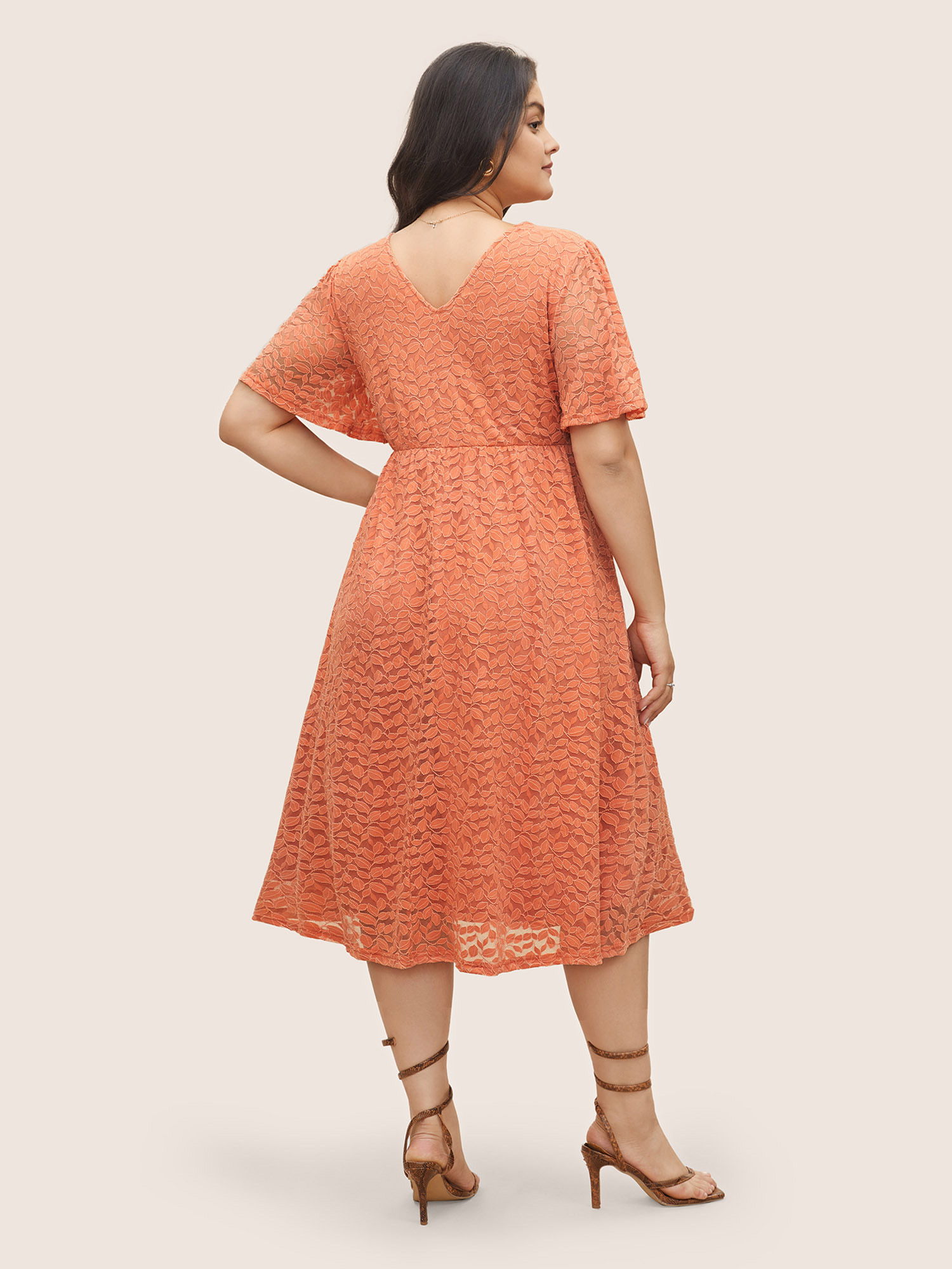 Plus Size Plain Leaf Lace Panel Mesh Texture Dress Coral Women Elegant Non V-neck Short sleeve Curvy Midi Dress BloomChic 22-24/3X 