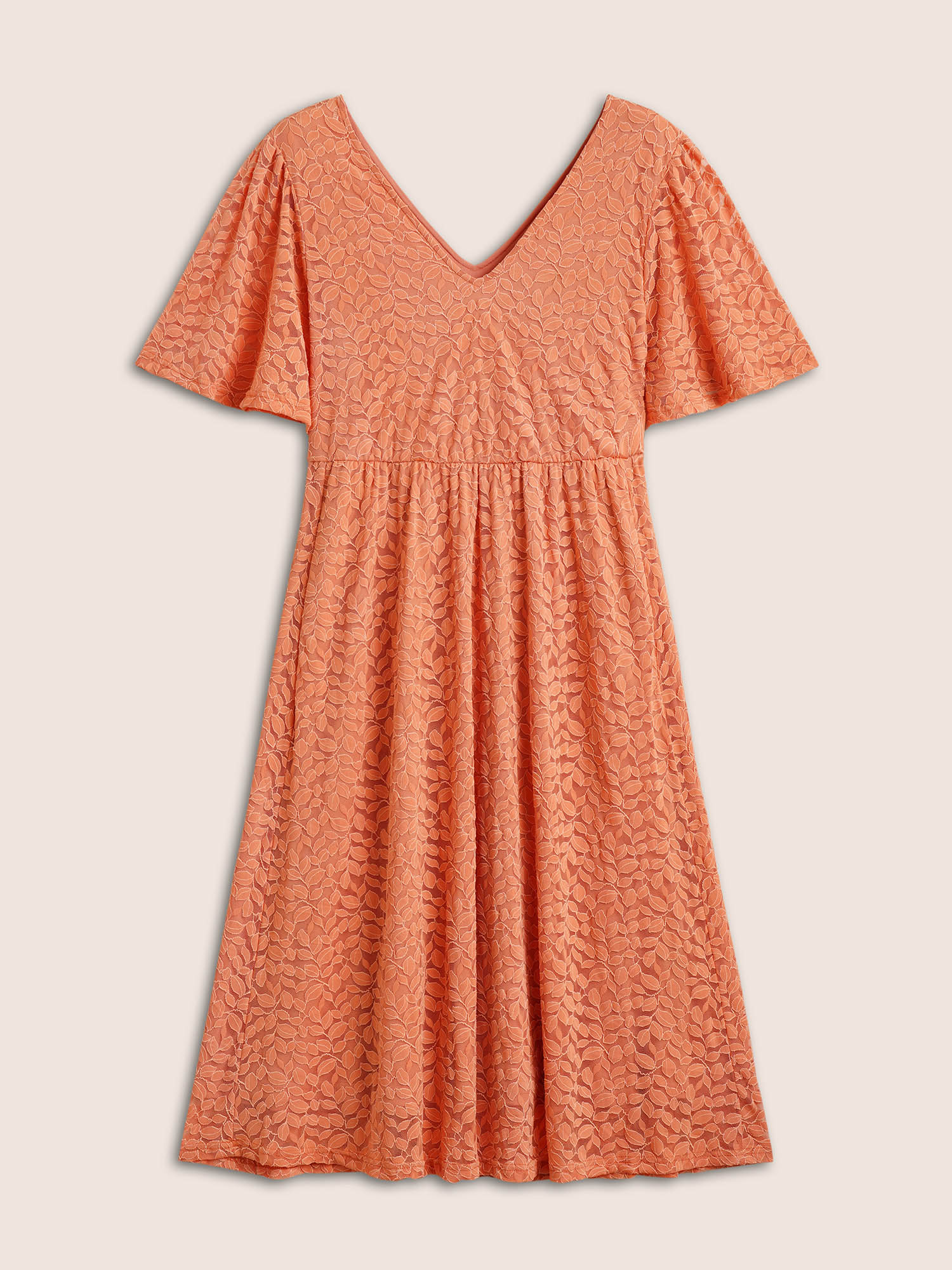 Plus Size Plain Leaf Lace Panel Mesh Texture Dress Coral Women Elegant Non V-neck Short sleeve Curvy Midi Dress BloomChic 22-24/3X 