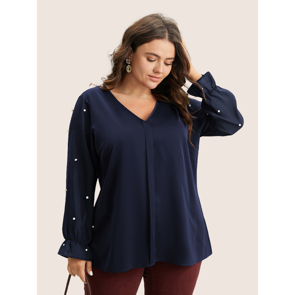 

Plus Size Indigo Pearl Beaded Mesh Patchwork Ruffles Blouse Women Cocktail Long Sleeve V-neck Party Blouses BloomChic