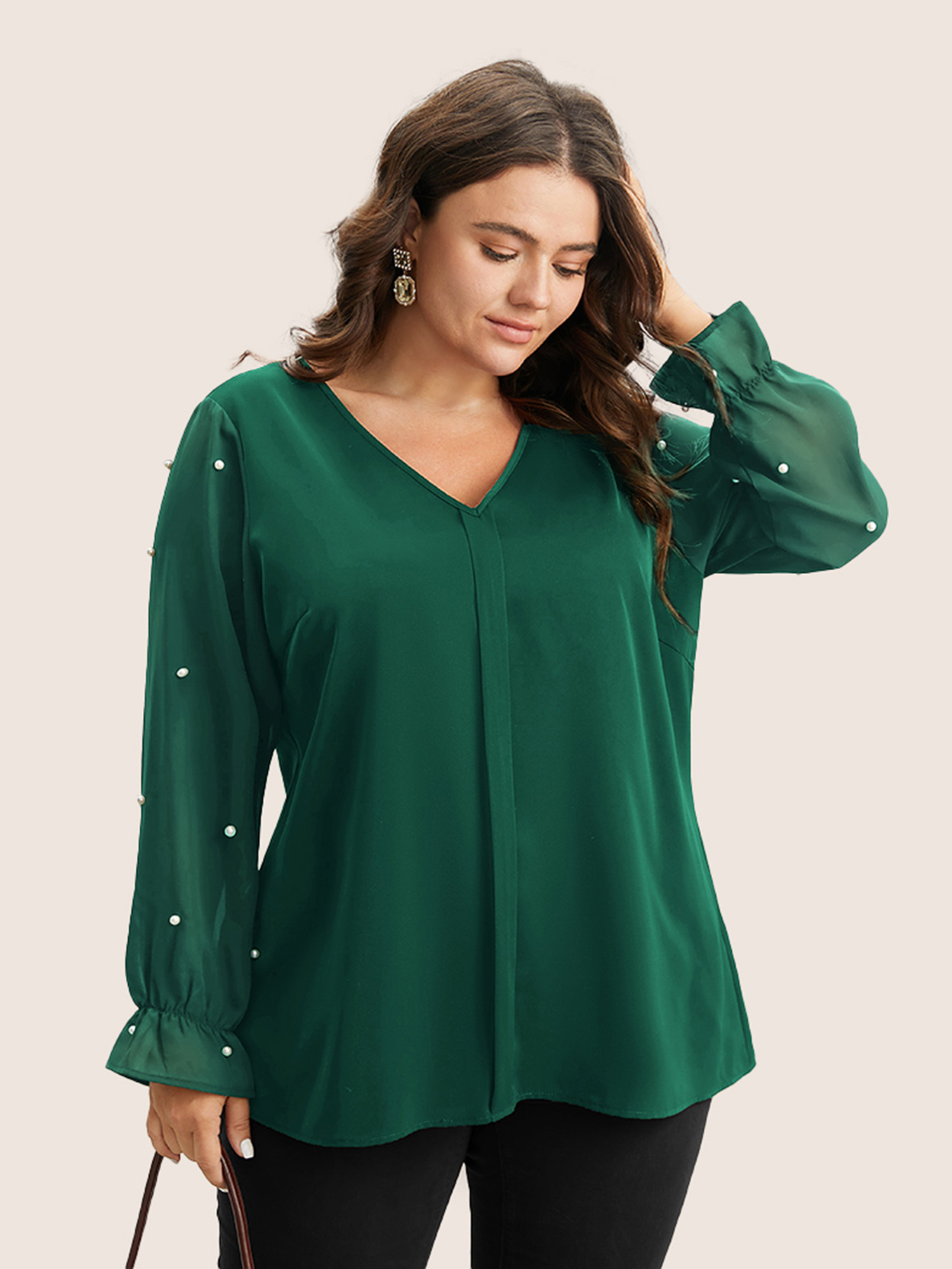 

Plus Size DarkGreen Pearl Beaded Mesh Patchwork Ruffles Blouse Women Cocktail Long Sleeve V-neck Party Blouses BloomChic