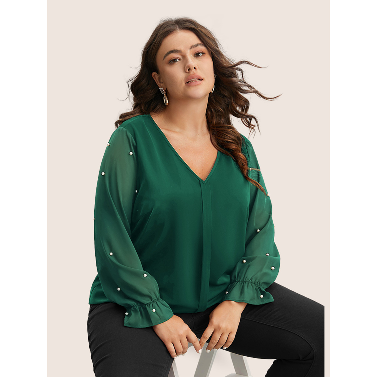 

Plus Size DarkGreen Pearl Beaded Mesh Patchwork Ruffles Blouse Women Cocktail Long Sleeve V-neck Party Blouses BloomChic