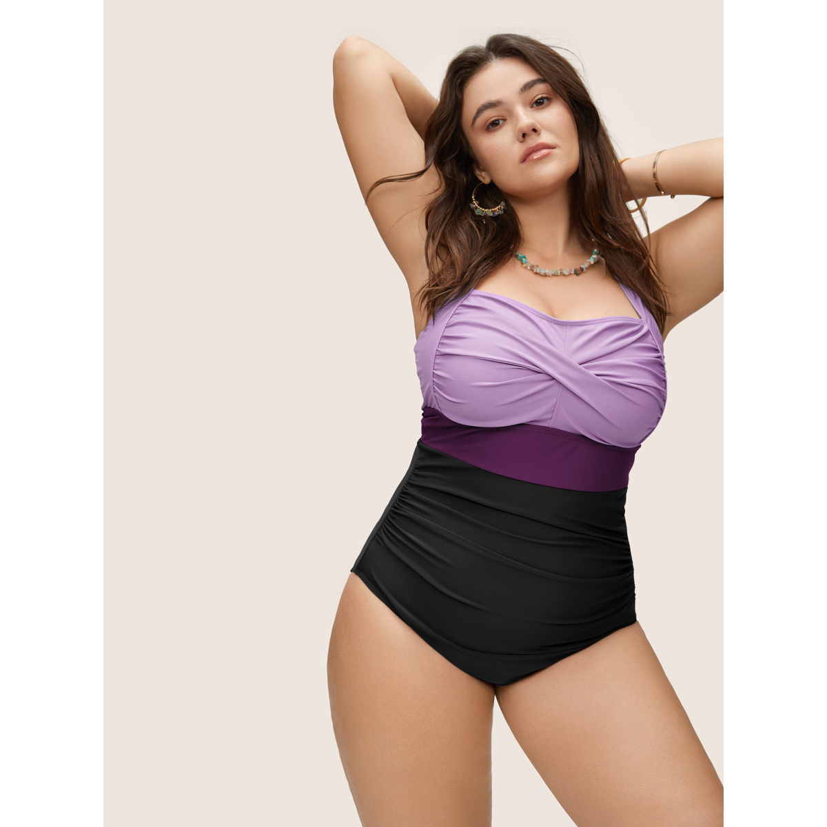 

Plus Size Contrast Twist Front Skinny One Piece Swimsuit Women's Swimwear Purple Beach Non Curve Bathing Suits High stretch One Pieces BloomChic