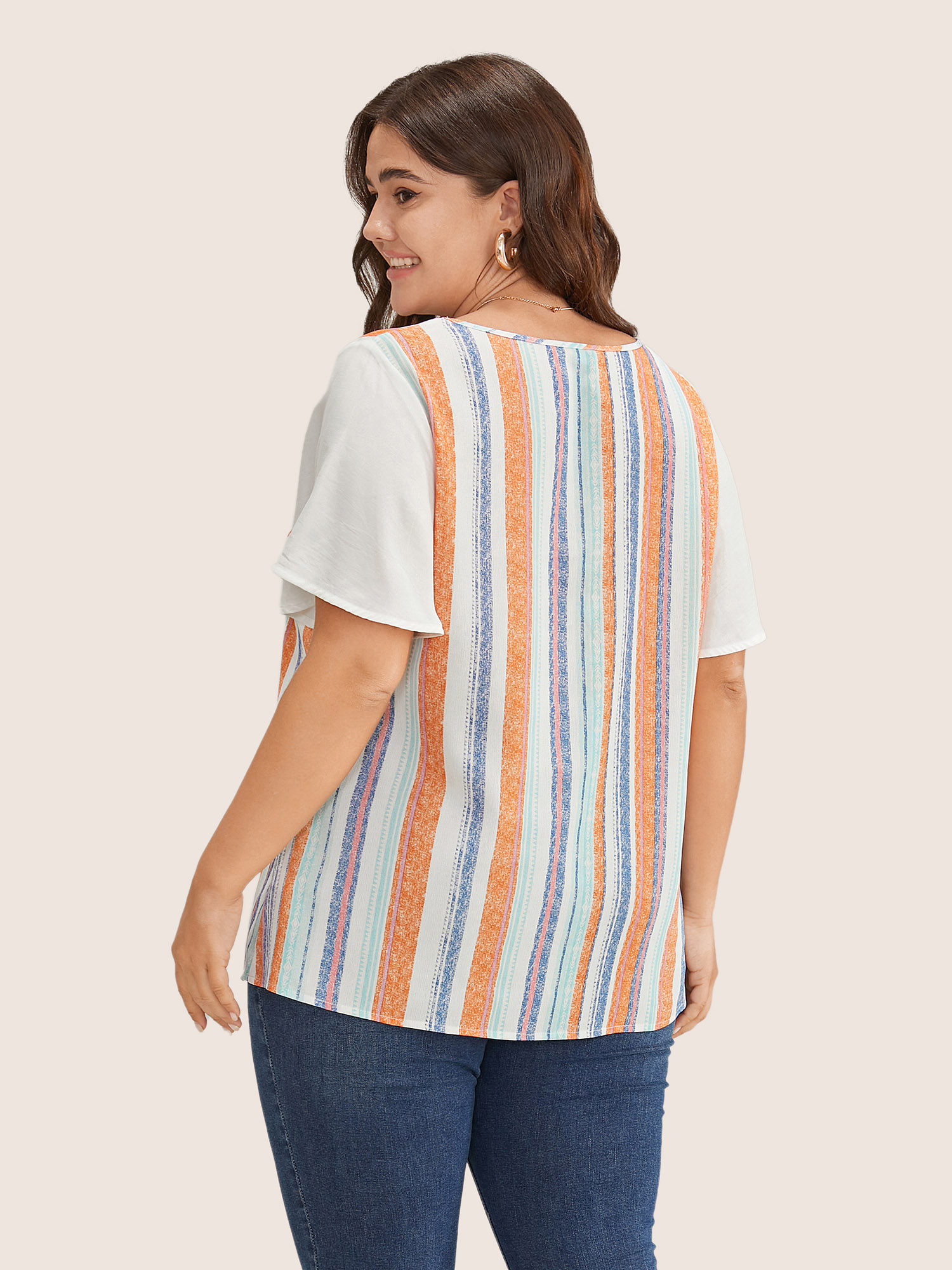 Plus Size White Striped Contrast Patchwork Ruffle Sleeve Blouse Women Resort Short sleeve V-neck Vacation Blouses BloomChic 30/6X 