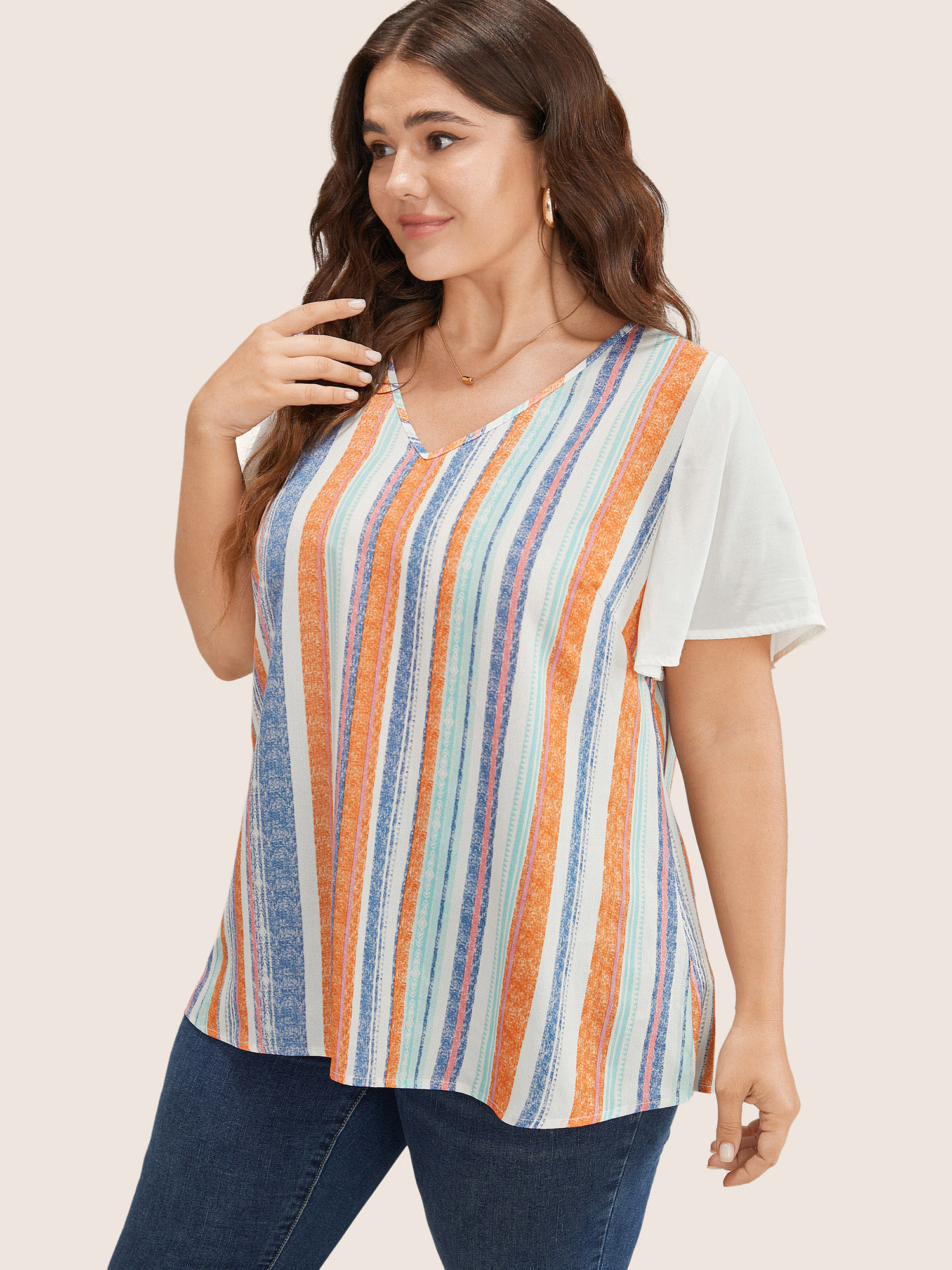 Plus Size White Striped Contrast Patchwork Ruffle Sleeve Blouse Women Resort Short sleeve V-neck Vacation Blouses BloomChic 30/6X 
