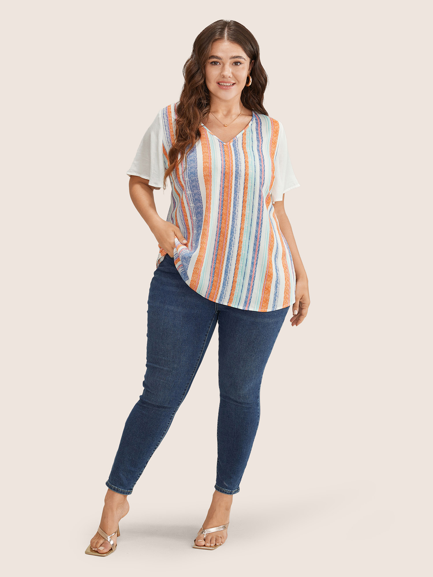 Plus Size White Striped Contrast Patchwork Ruffle Sleeve Blouse Women Resort Short sleeve V-neck Vacation Blouses BloomChic 30/6X 