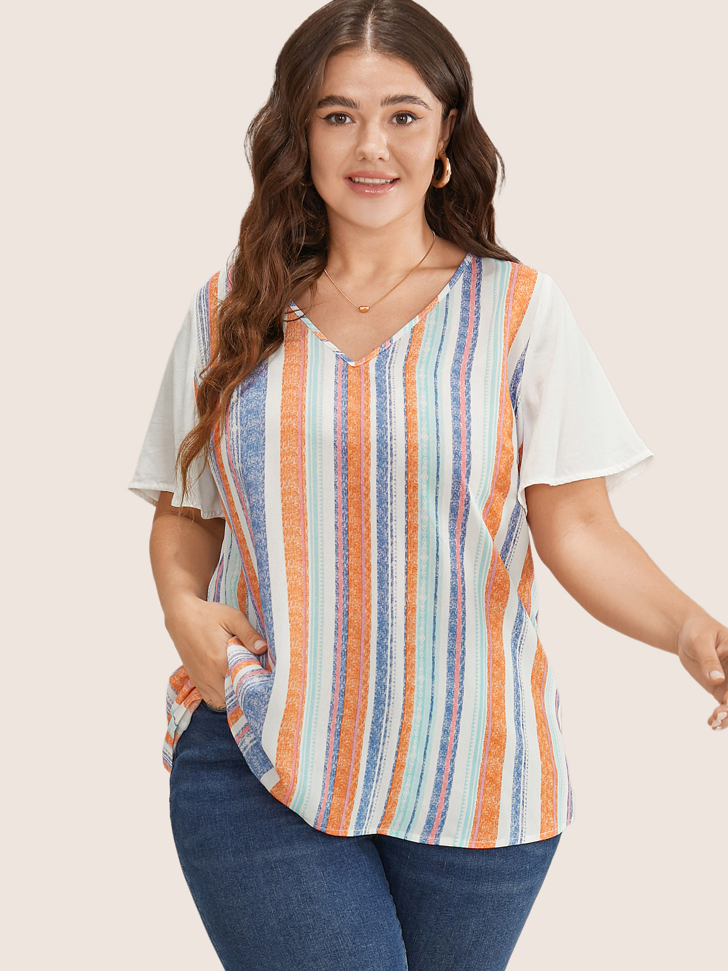 Plus Size White Striped Contrast Patchwork Ruffle Sleeve Blouse Women Resort Short sleeve V-neck Vacation Blouses BloomChic 30/6X 