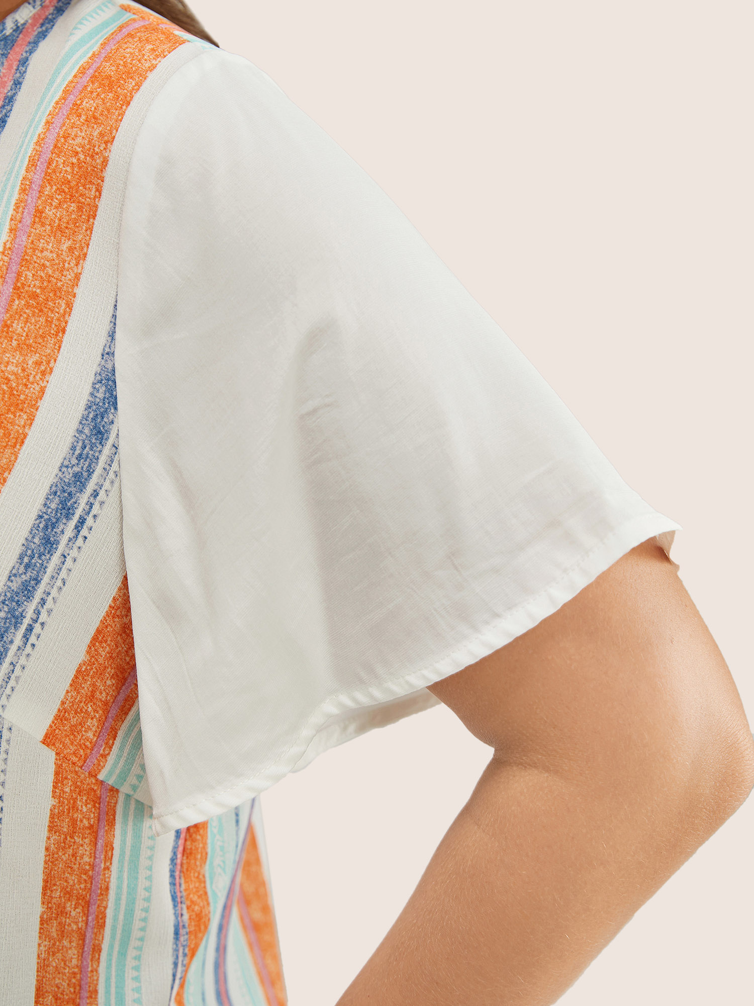 Plus Size White Striped Contrast Patchwork Ruffle Sleeve Blouse Women Resort Short sleeve V-neck Vacation Blouses BloomChic 30/6X 