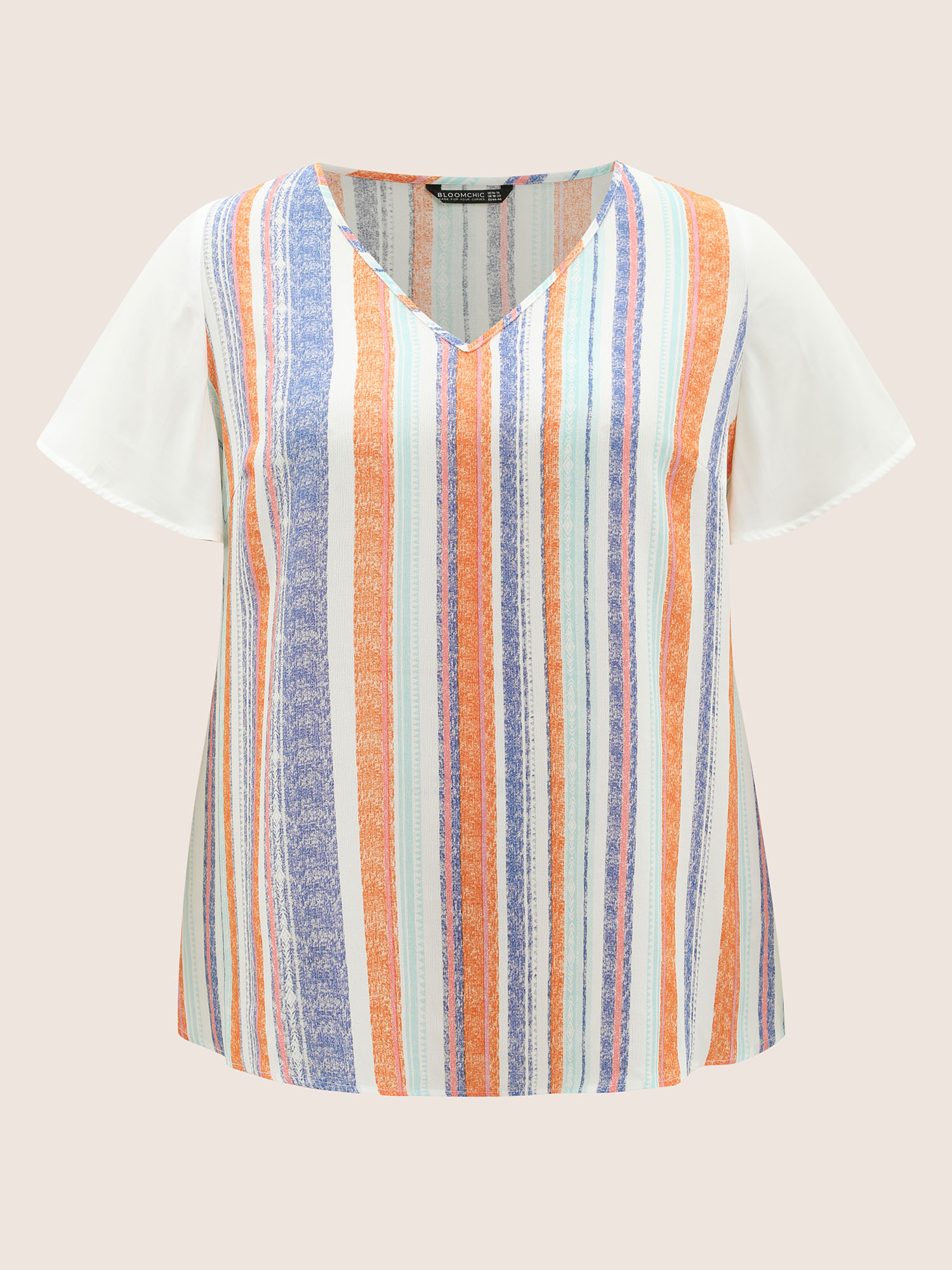 Plus Size White Striped Contrast Patchwork Ruffle Sleeve Blouse Women Resort Short sleeve V-neck Vacation Blouses BloomChic 30/6X 
