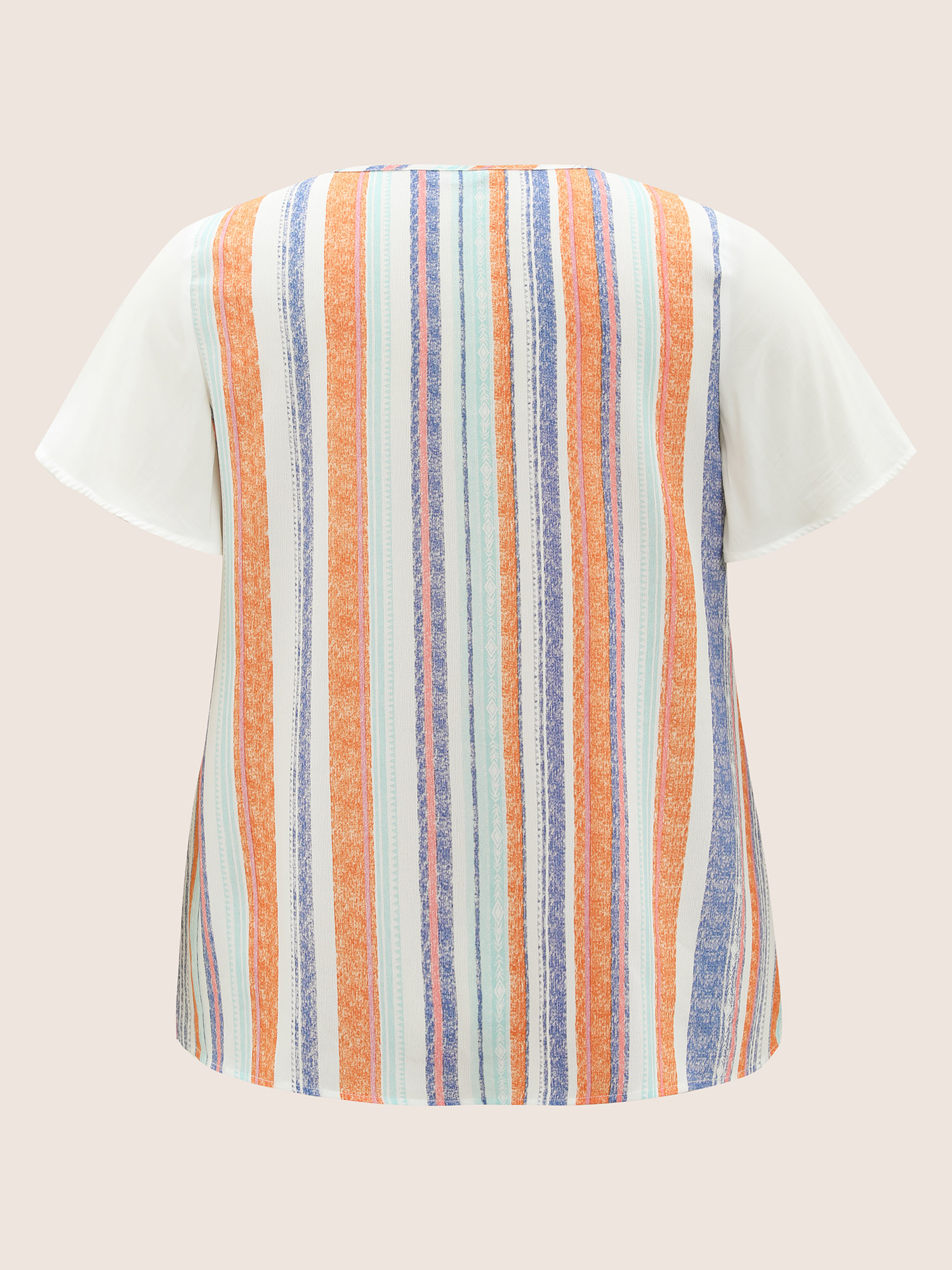 Plus Size White Striped Contrast Patchwork Ruffle Sleeve Blouse Women Resort Short sleeve V-neck Vacation Blouses BloomChic 30/6X 