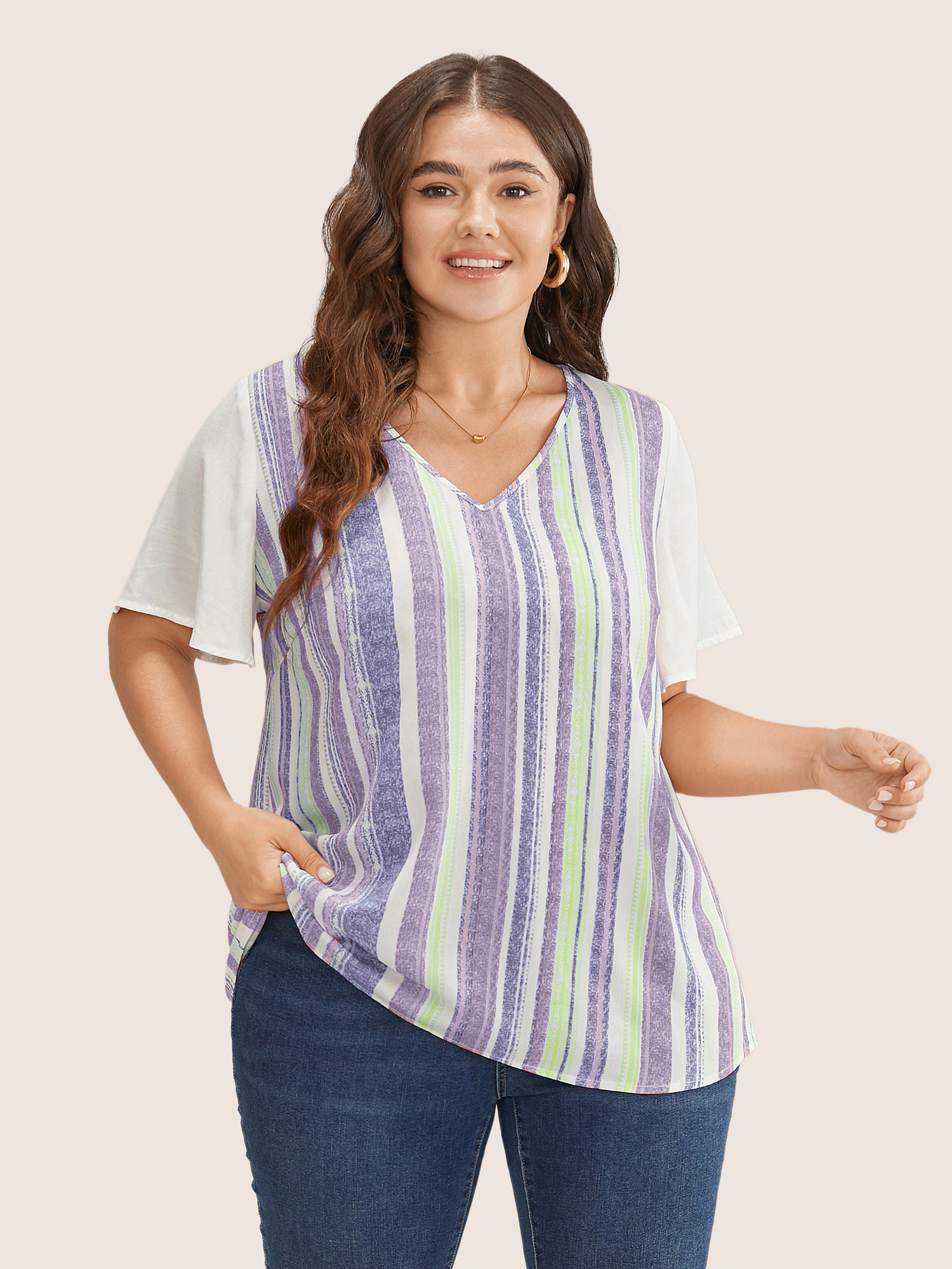 

Plus Size Mauve Striped Contrast Patchwork Ruffle Sleeve Blouse Women Resort Short sleeve V-neck Vacation Blouses BloomChic