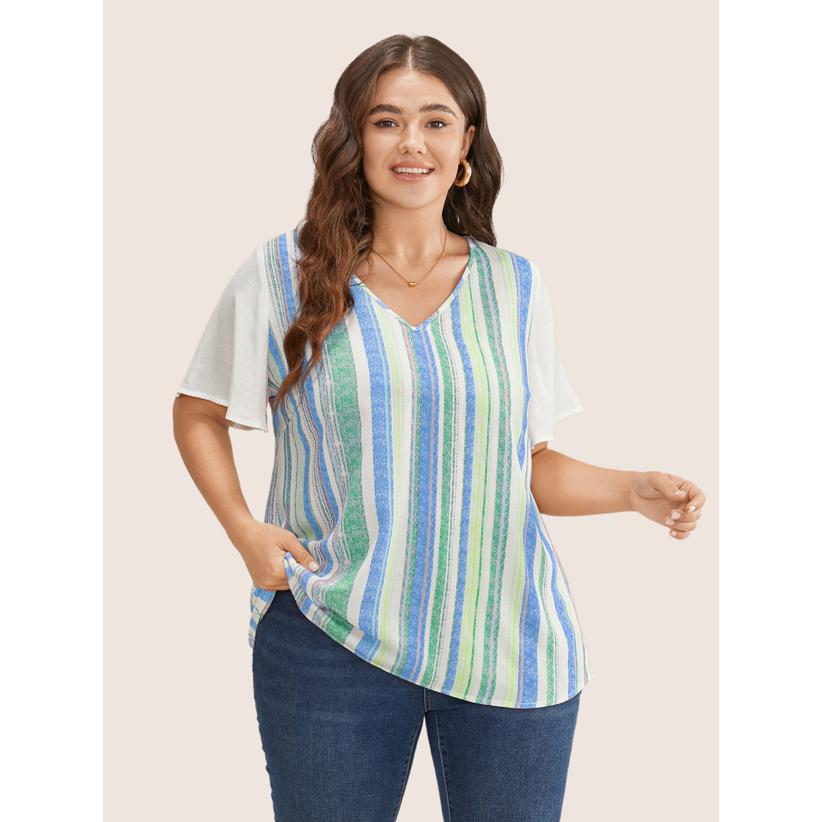 

Plus Size Emerald Striped Contrast Patchwork Ruffle Sleeve Blouse Women Resort Short sleeve V-neck Vacation Blouses BloomChic