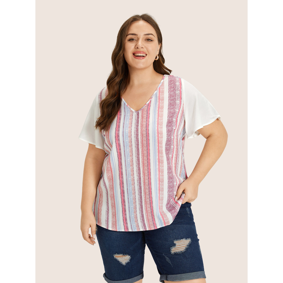 

Plus Size DustyPink Striped Contrast Patchwork Ruffle Sleeve Blouse Women Resort Short sleeve V-neck Vacation Blouses BloomChic