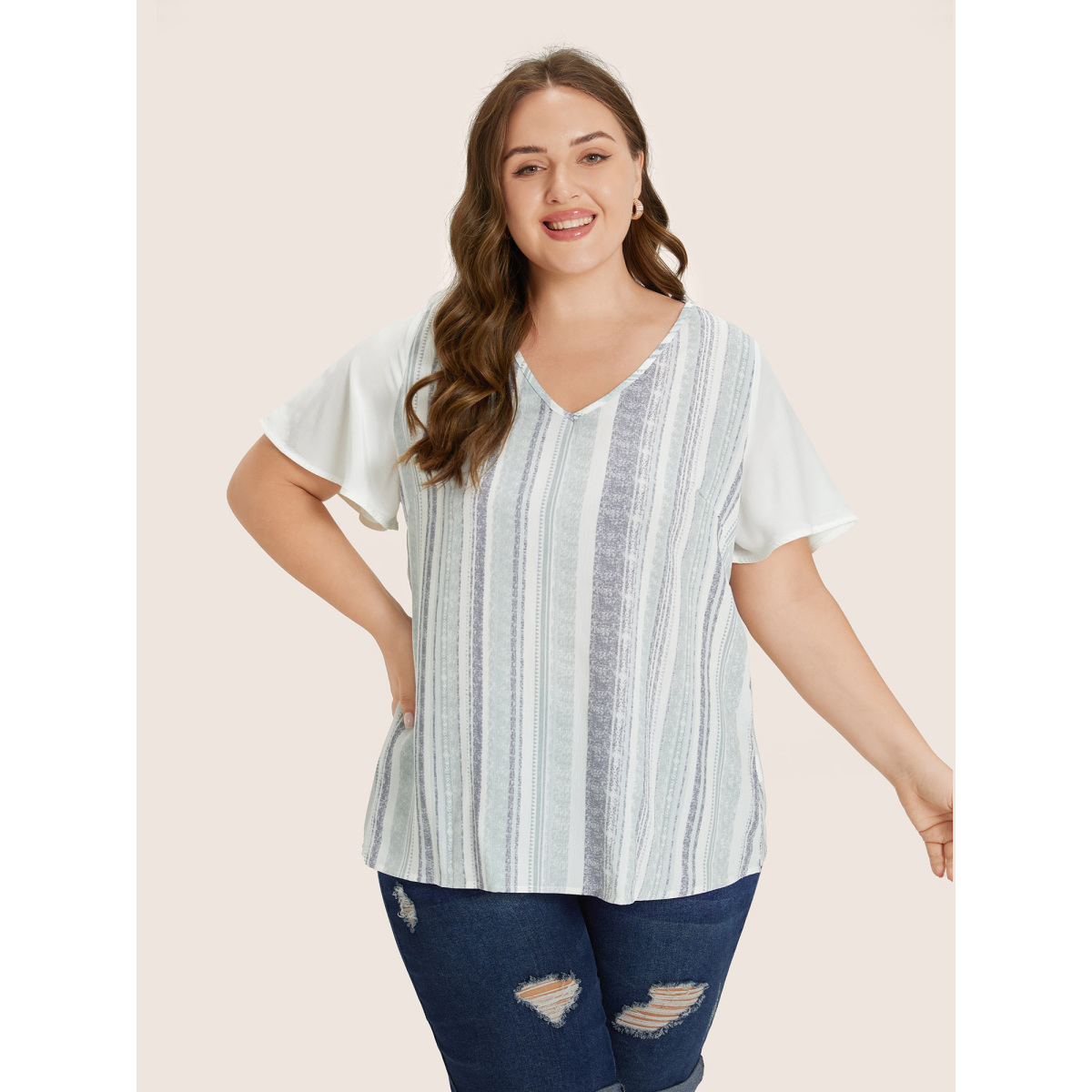 

Plus Size Gray Striped Contrast Patchwork Ruffle Sleeve Blouse Women Resort Short sleeve V-neck Vacation Blouses BloomChic
