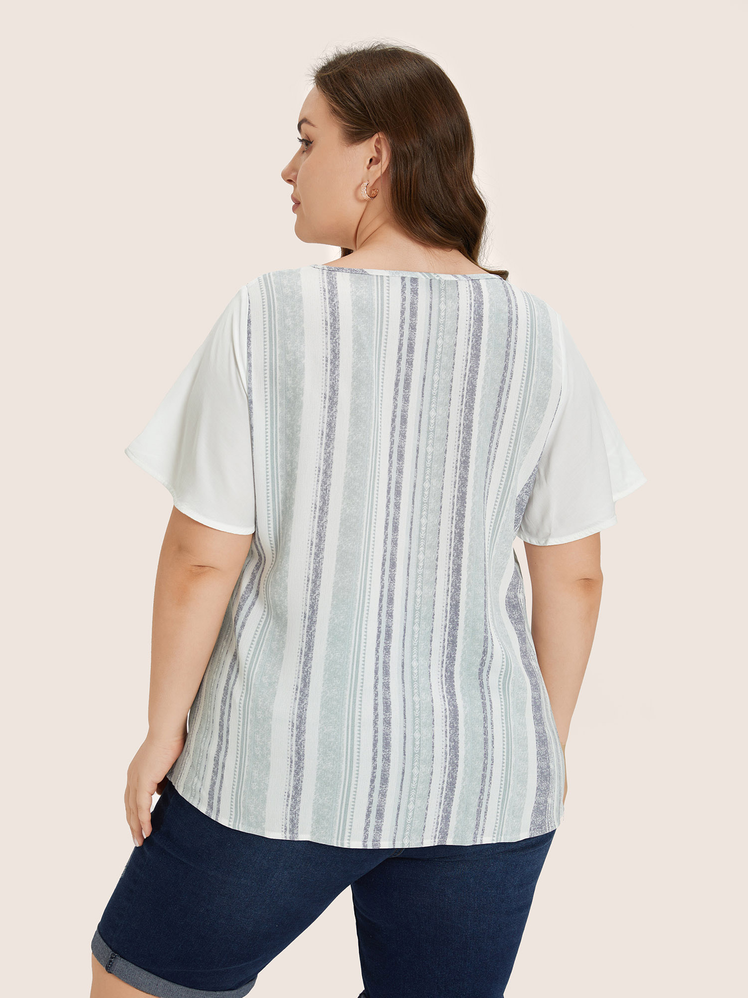 

Plus Size Gray Striped Contrast Patchwork Ruffle Sleeve Blouse Women Resort Short sleeve V-neck Vacation Blouses BloomChic