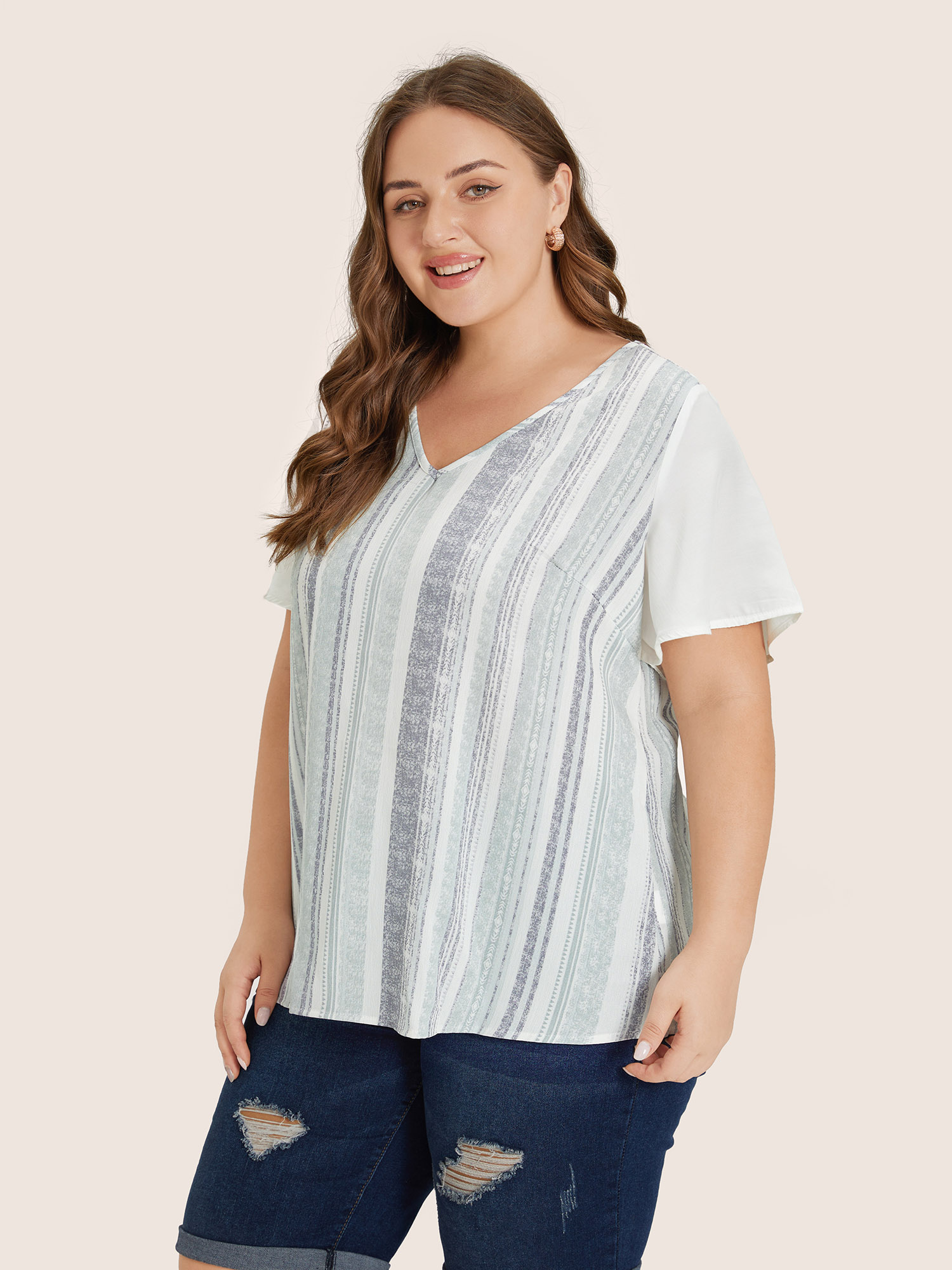 Plus Size Gray Striped Contrast Patchwork Ruffle Sleeve Blouse Women Resort Short sleeve V-neck Vacation Blouses BloomChic 30/6X 