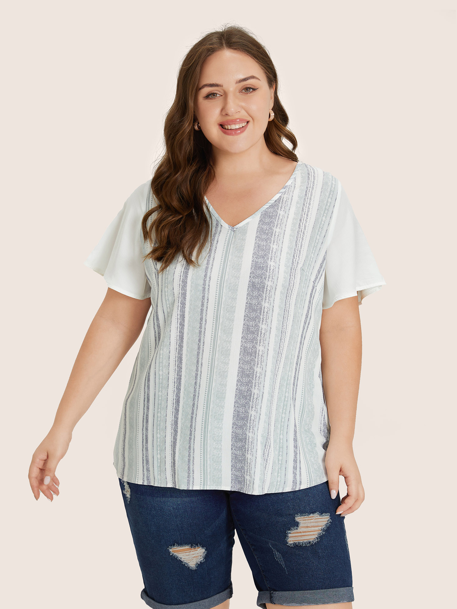 Plus Size Gray Striped Contrast Patchwork Ruffle Sleeve Blouse Women Resort Short sleeve V-neck Vacation Blouses BloomChic 30/6X 