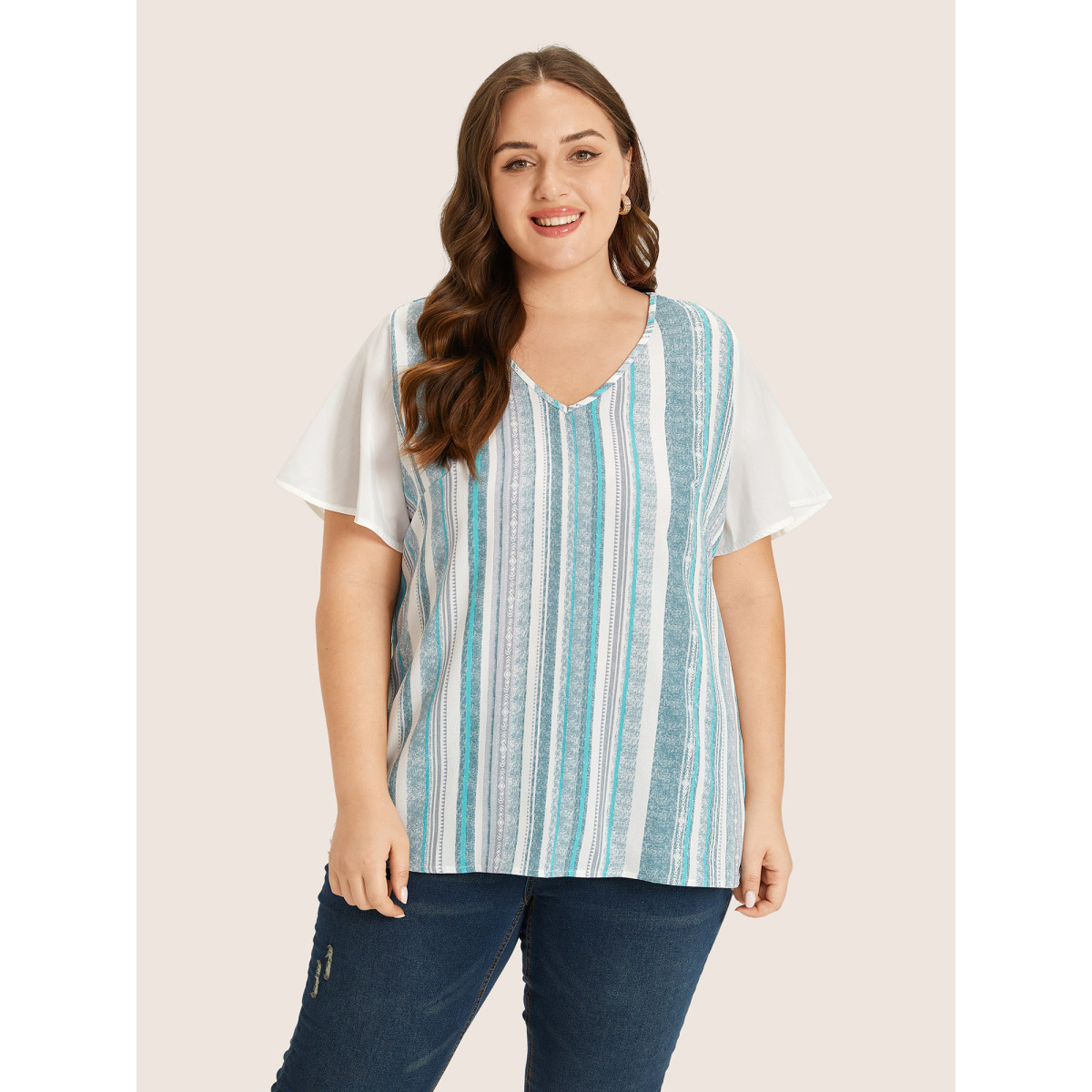 

Plus Size Cerulean Striped Contrast Patchwork Ruffle Sleeve Blouse Women Resort Short sleeve V-neck Vacation Blouses BloomChic