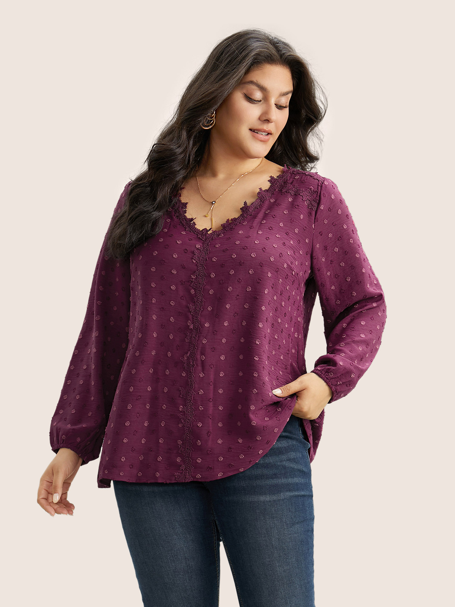 

Plus Size Purple Plisse Eyelet Lace Elastic Cuffs Blouse Women Elegant Long Sleeve V-neck Everyday Blouses BloomChic