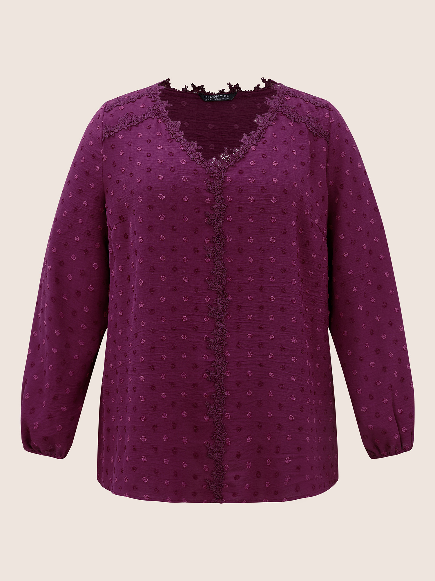 

Plus Size Purple Plisse Eyelet Lace Elastic Cuffs Blouse Women Elegant Long Sleeve V-neck Everyday Blouses BloomChic