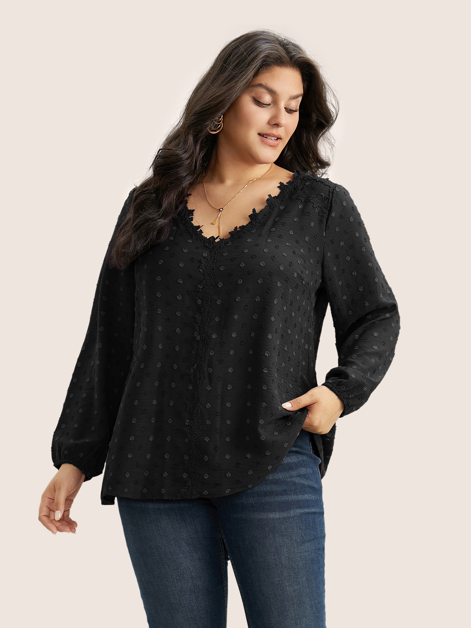 

Plus Size Black Plisse Eyelet Lace Elastic Cuffs Blouse Women Elegant Long Sleeve V-neck Everyday Blouses BloomChic