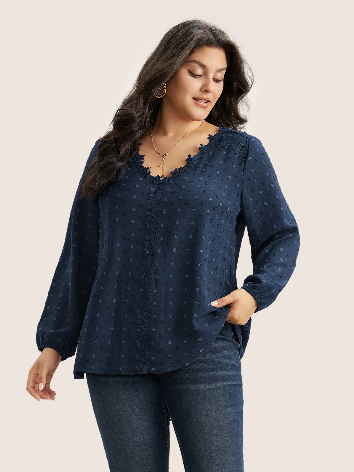 

Plus Size Indigo Plisse Eyelet Lace Elastic Cuffs Blouse Women Elegant Long Sleeve V-neck Everyday Blouses BloomChic