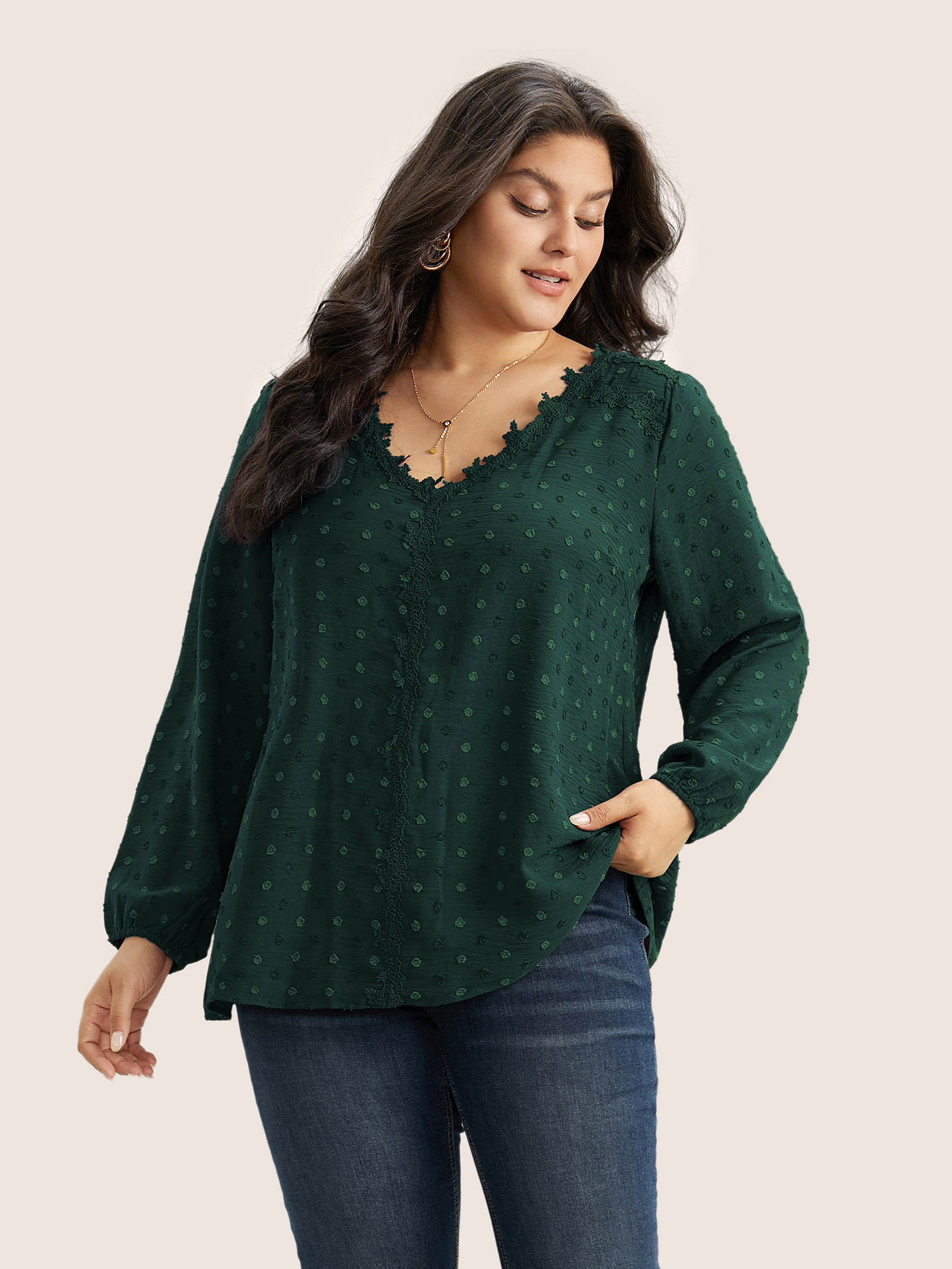 

Plus Size DarkGreen Plisse Eyelet Lace Elastic Cuffs Blouse Women Elegant Long Sleeve V-neck Everyday Blouses BloomChic