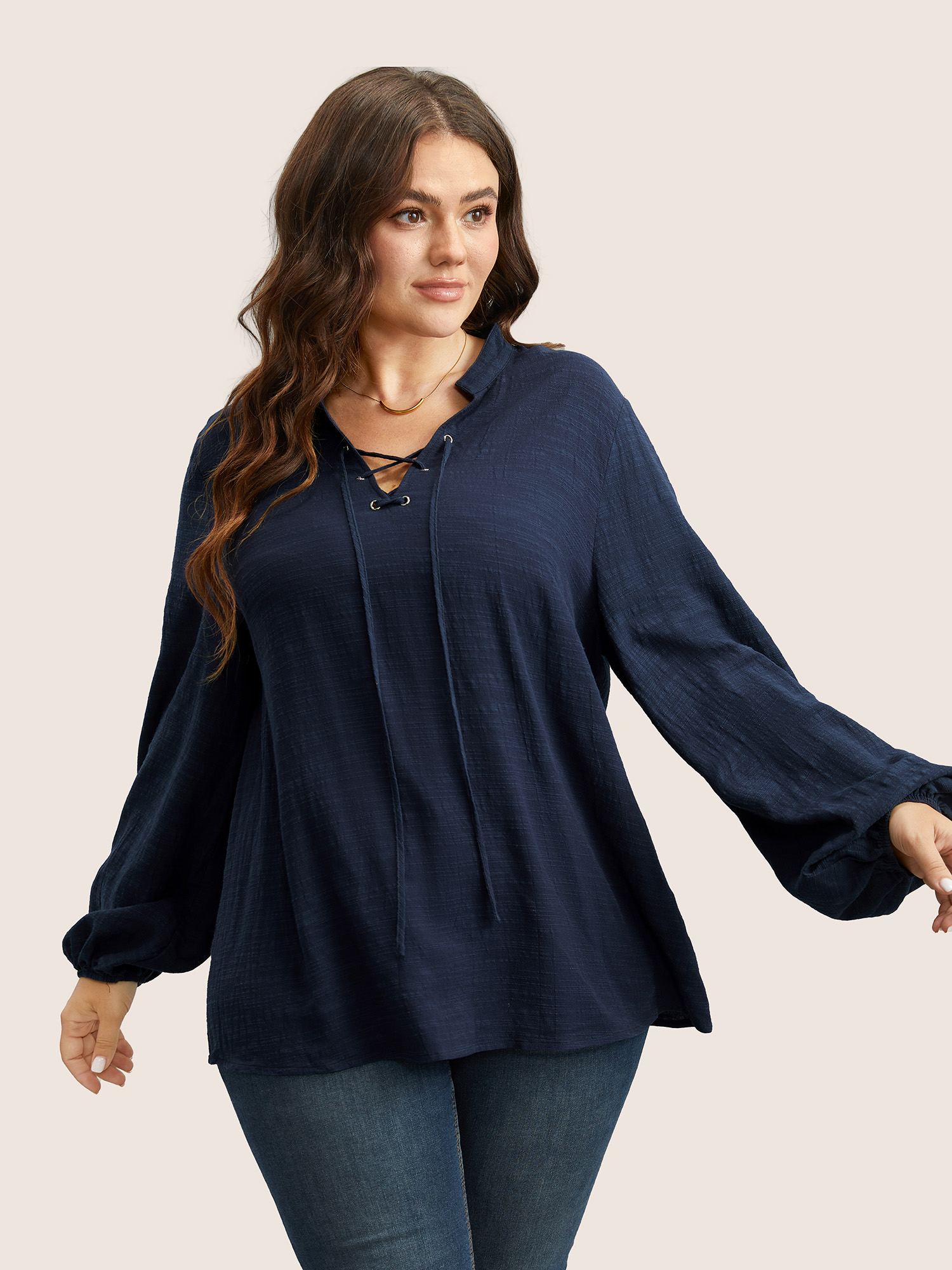 

Plus Size Indigo Plain Lace Up Lantern Sleeve Blouse Women Casual Long Sleeve Shirt collar Everyday Blouses BloomChic