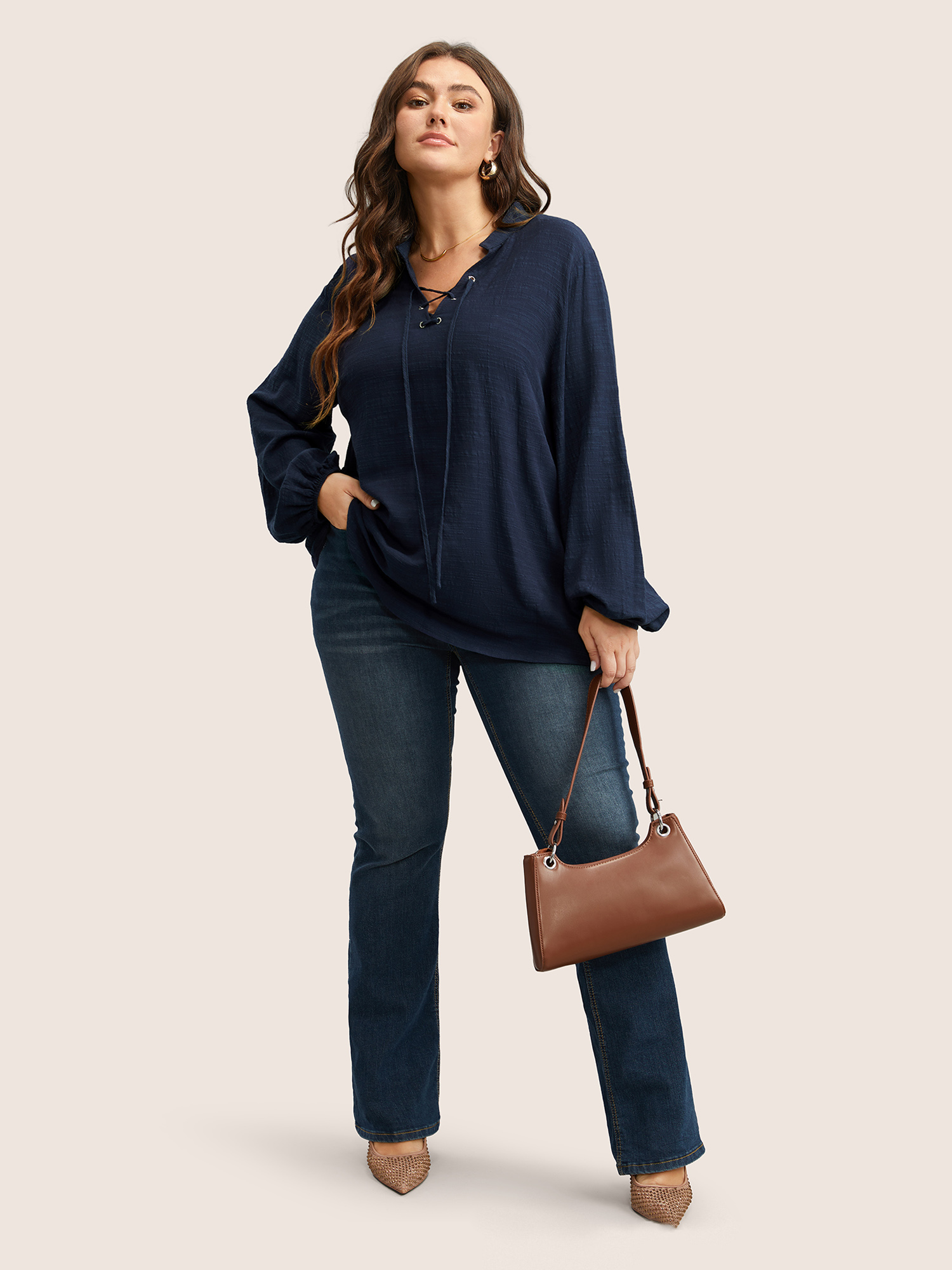 Plus Size Indigo Plain Lace Up Lantern Sleeve Blouse Women Casual Long Sleeve Shirt collar Everyday Blouses BloomChic 26/4X 