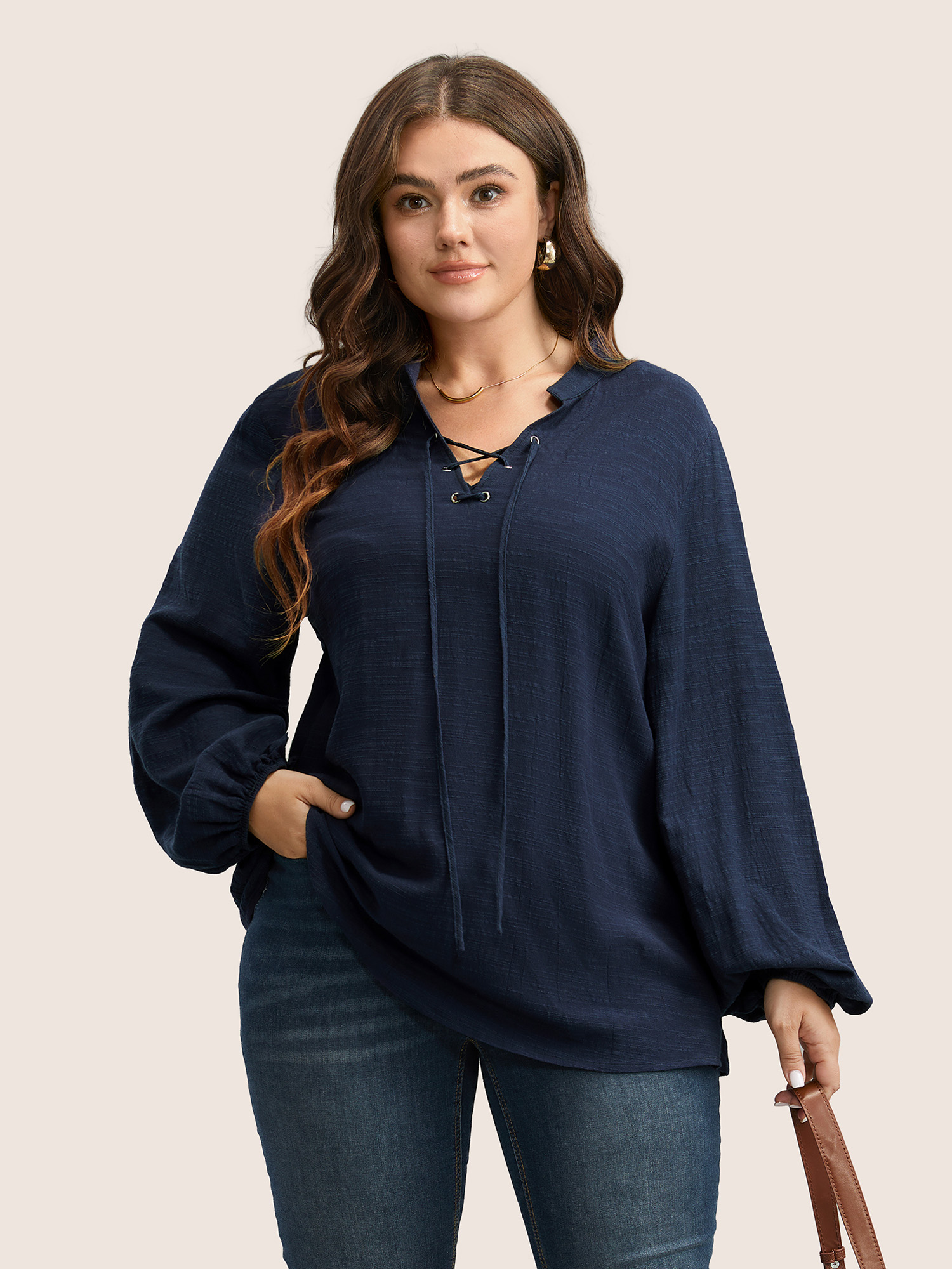 

Plus Size Indigo Plain Lace Up Lantern Sleeve Blouse Women Casual Long Sleeve Shirt collar Everyday Blouses BloomChic