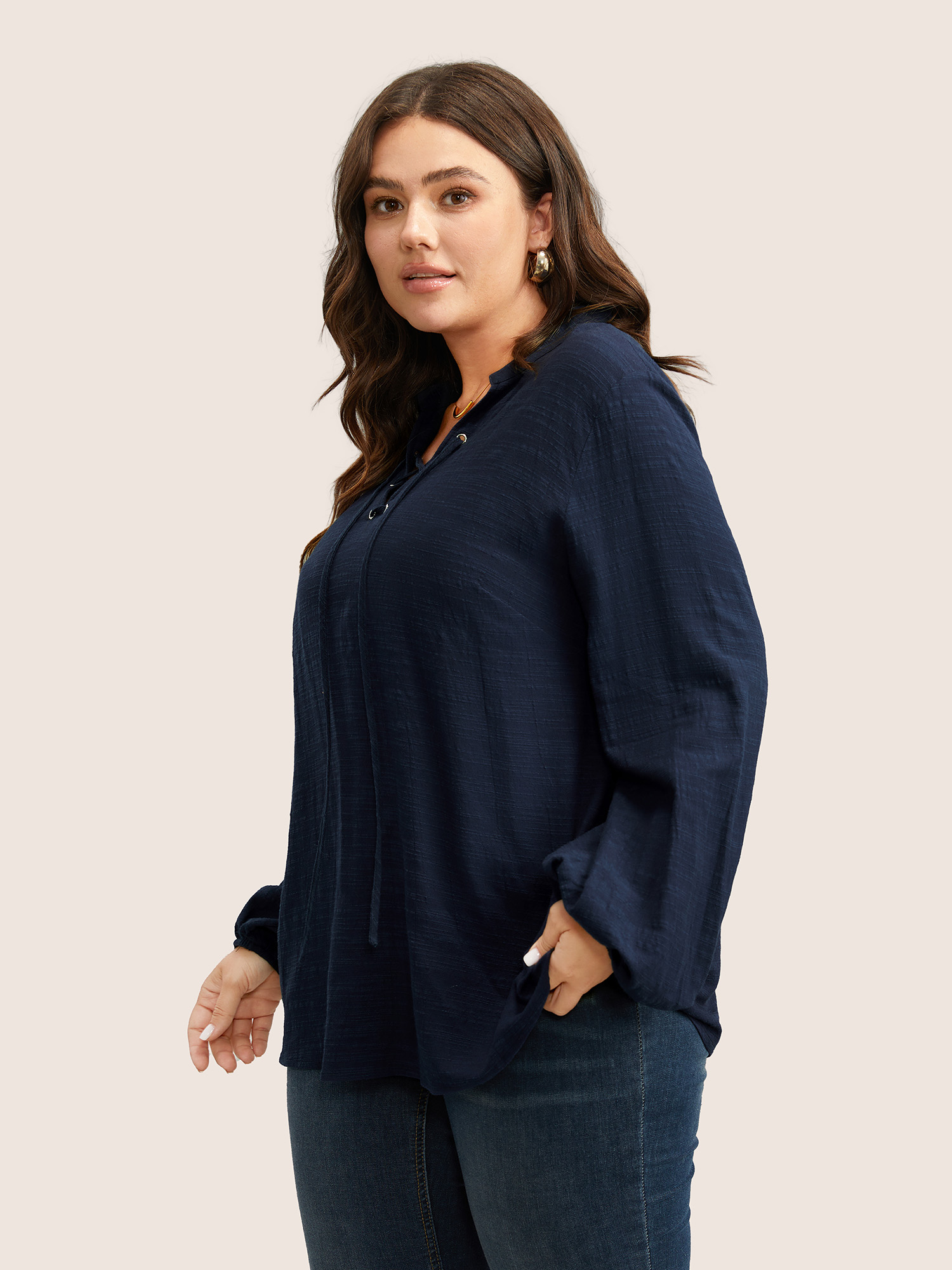 Plus Size Indigo Plain Lace Up Lantern Sleeve Blouse Women Casual Long Sleeve Shirt collar Everyday Blouses BloomChic 26/4X 