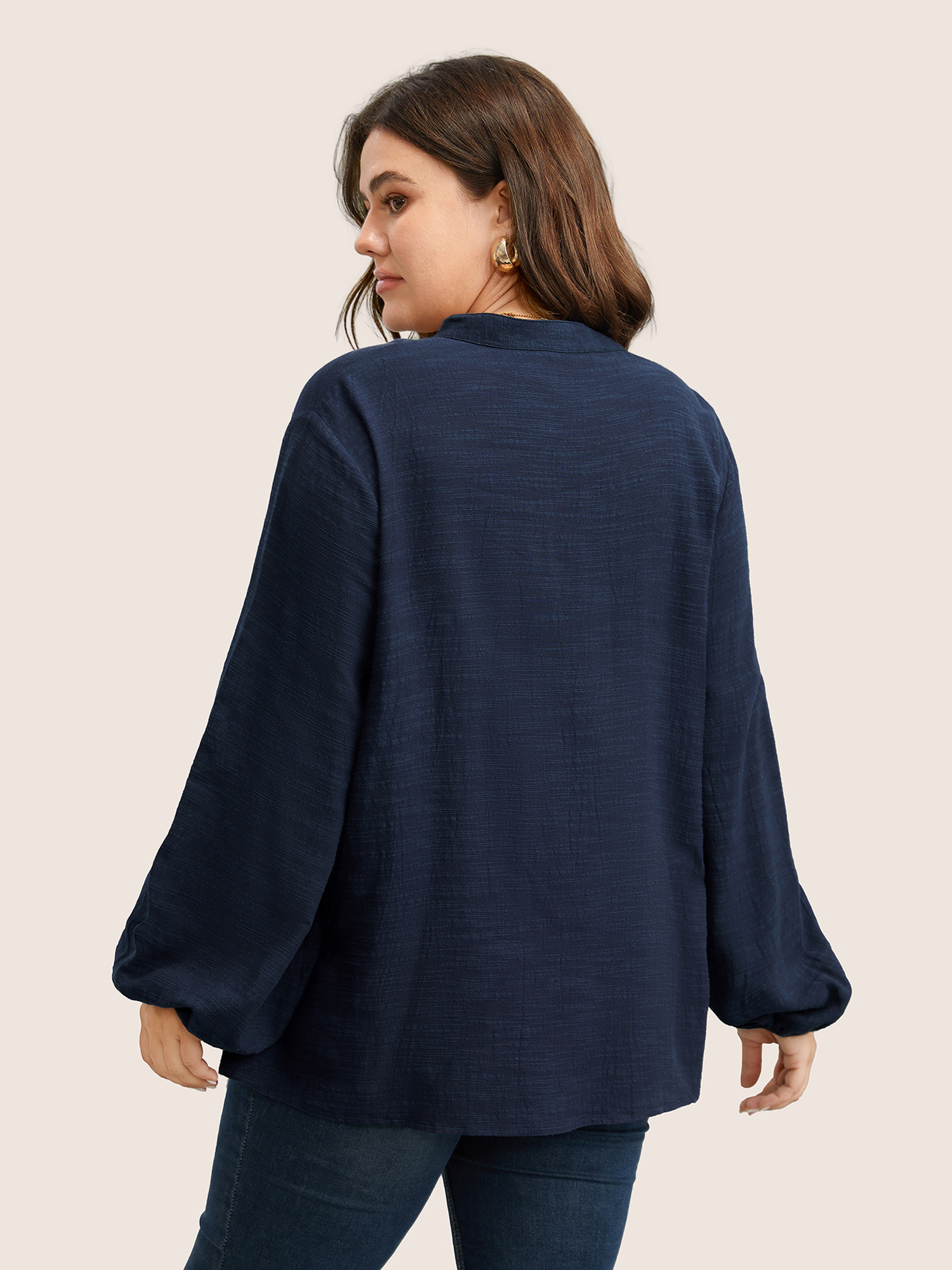 Plus Size Indigo Plain Lace Up Lantern Sleeve Blouse Women Casual Long Sleeve Shirt collar Everyday Blouses BloomChic 26/4X 