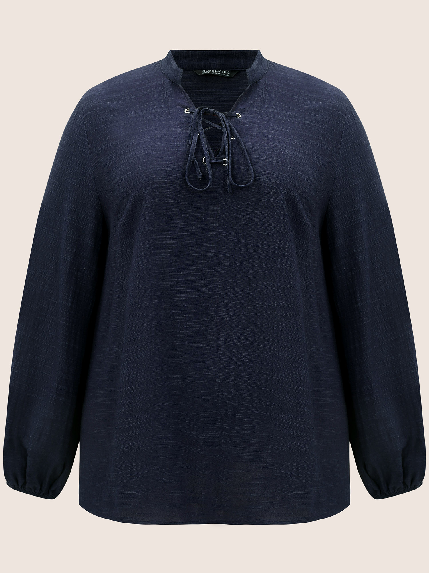 Plus Size Indigo Plain Lace Up Lantern Sleeve Blouse Women Casual Long Sleeve Shirt collar Everyday Blouses BloomChic 26/4X 