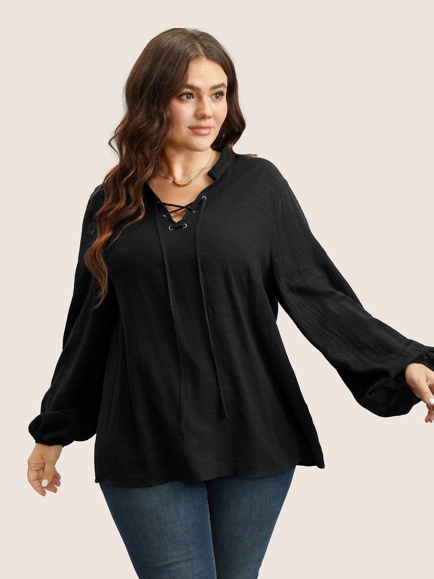 

Plus Size Black Plain Lace Up Lantern Sleeve Blouse Women Casual Shirt collar Everyday Blouses BloomChic