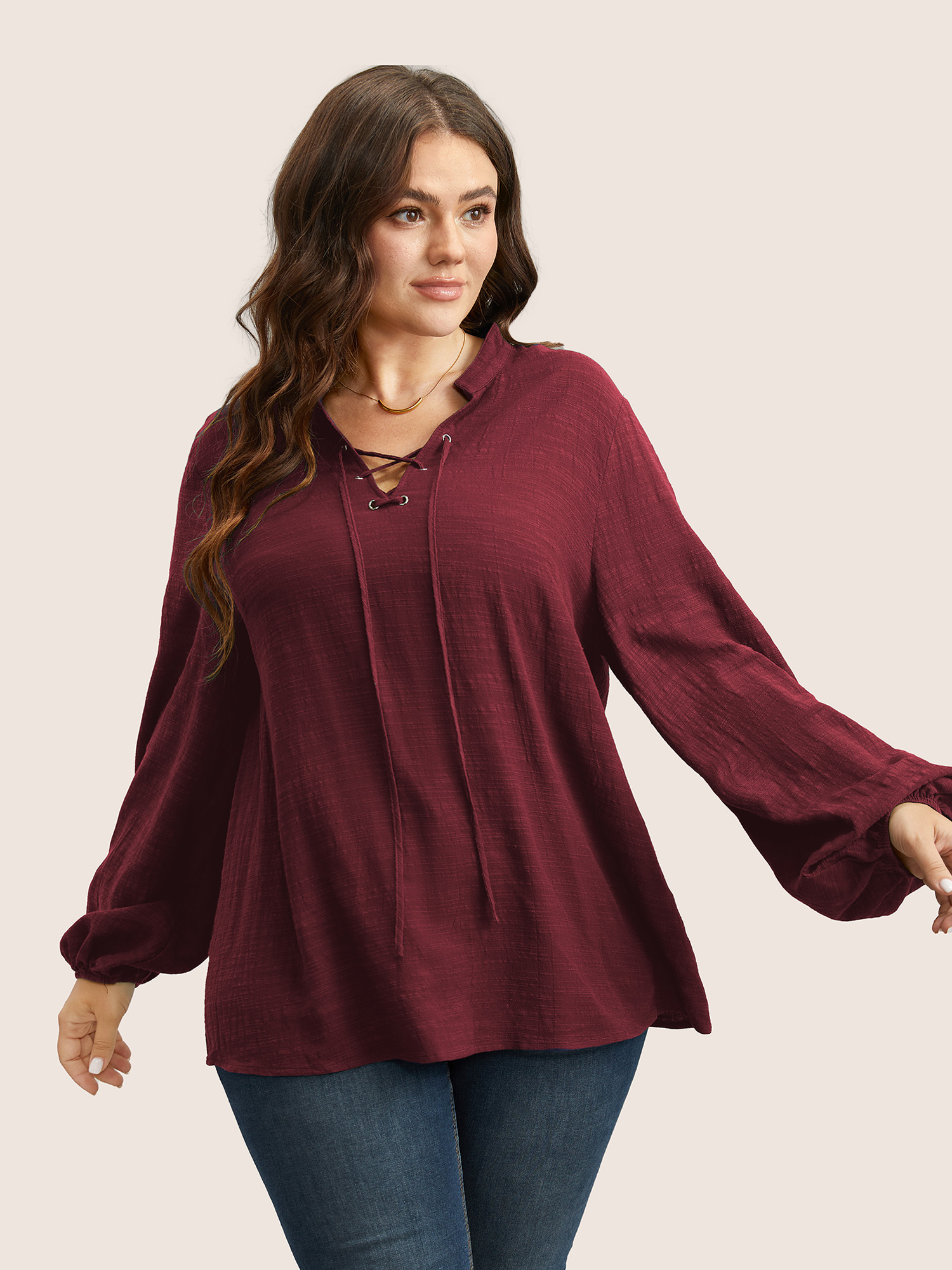 

Plus Size Scarlet Plain Lace Up Lantern Sleeve Blouse Women Casual Long Sleeve Shirt collar Everyday Blouses BloomChic