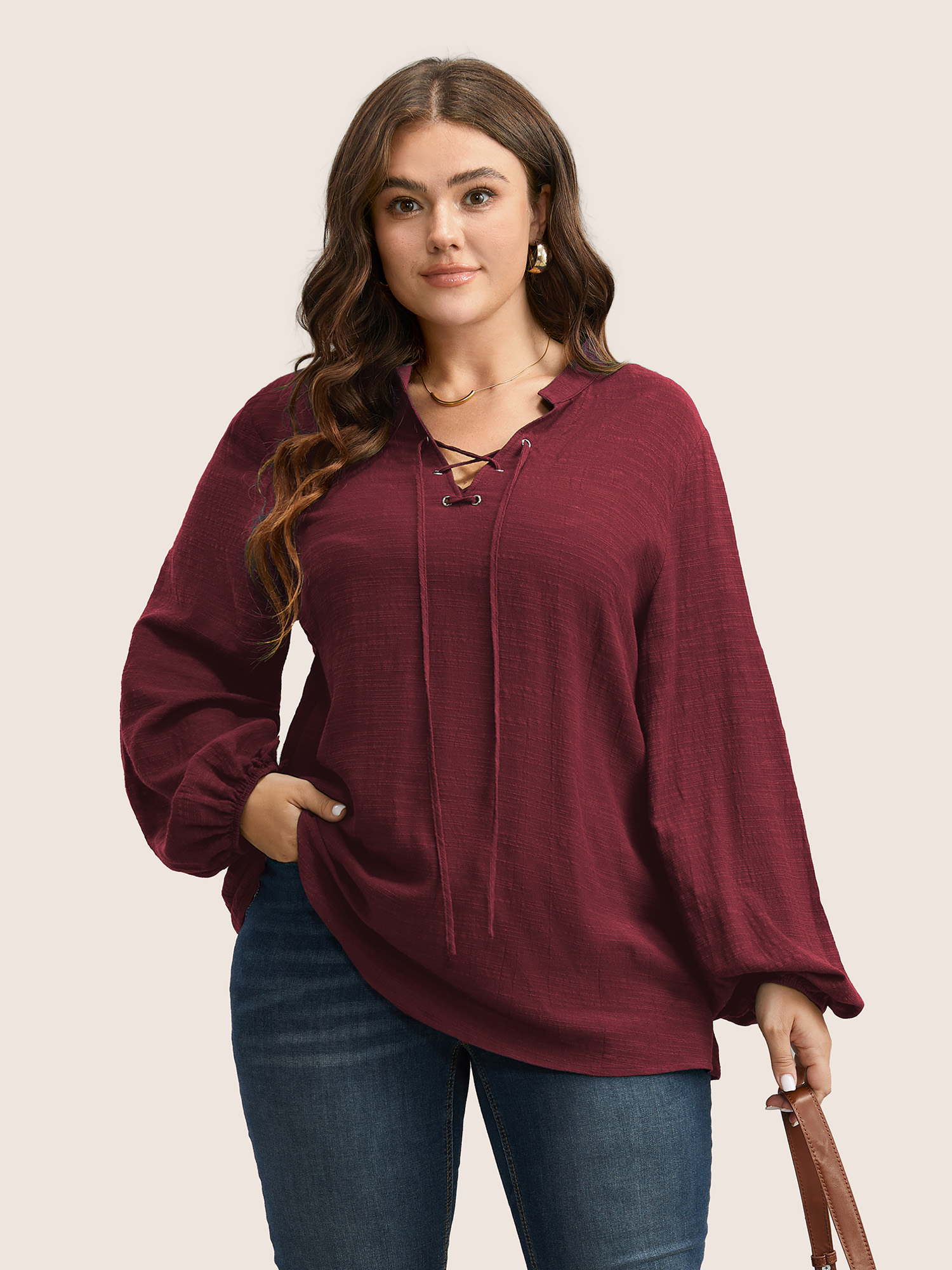 

Plus Size Scarlet Plain Lace Up Lantern Sleeve Blouse Women Casual Long Sleeve Shirt collar Everyday Blouses BloomChic