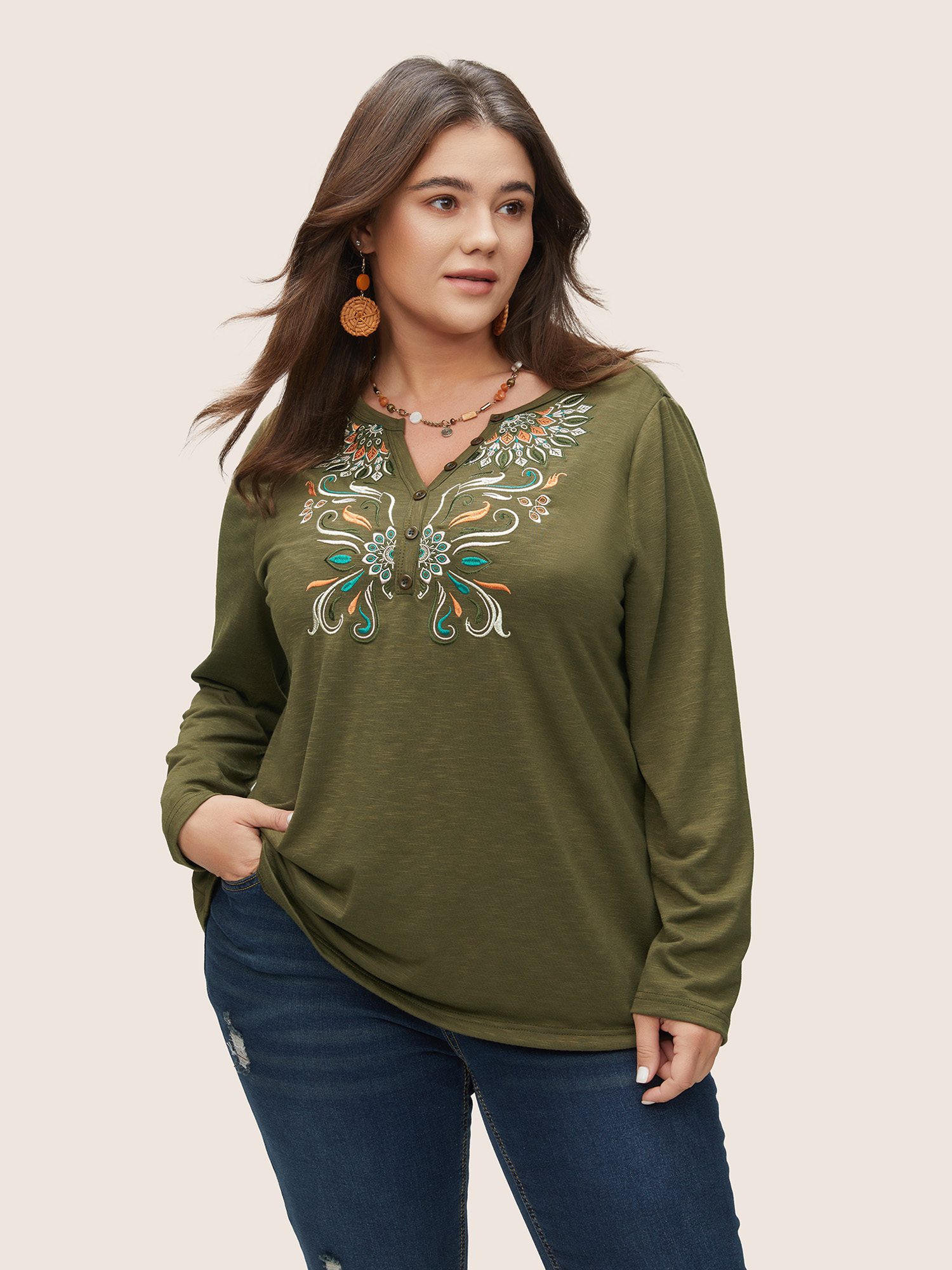 

Plus Size Bandana Embroidered Notched Button Detail T-shirt ArmyGreen Women Resort Embroidered Bohemian Print Notched collar Vacation T-shirts BloomChic
